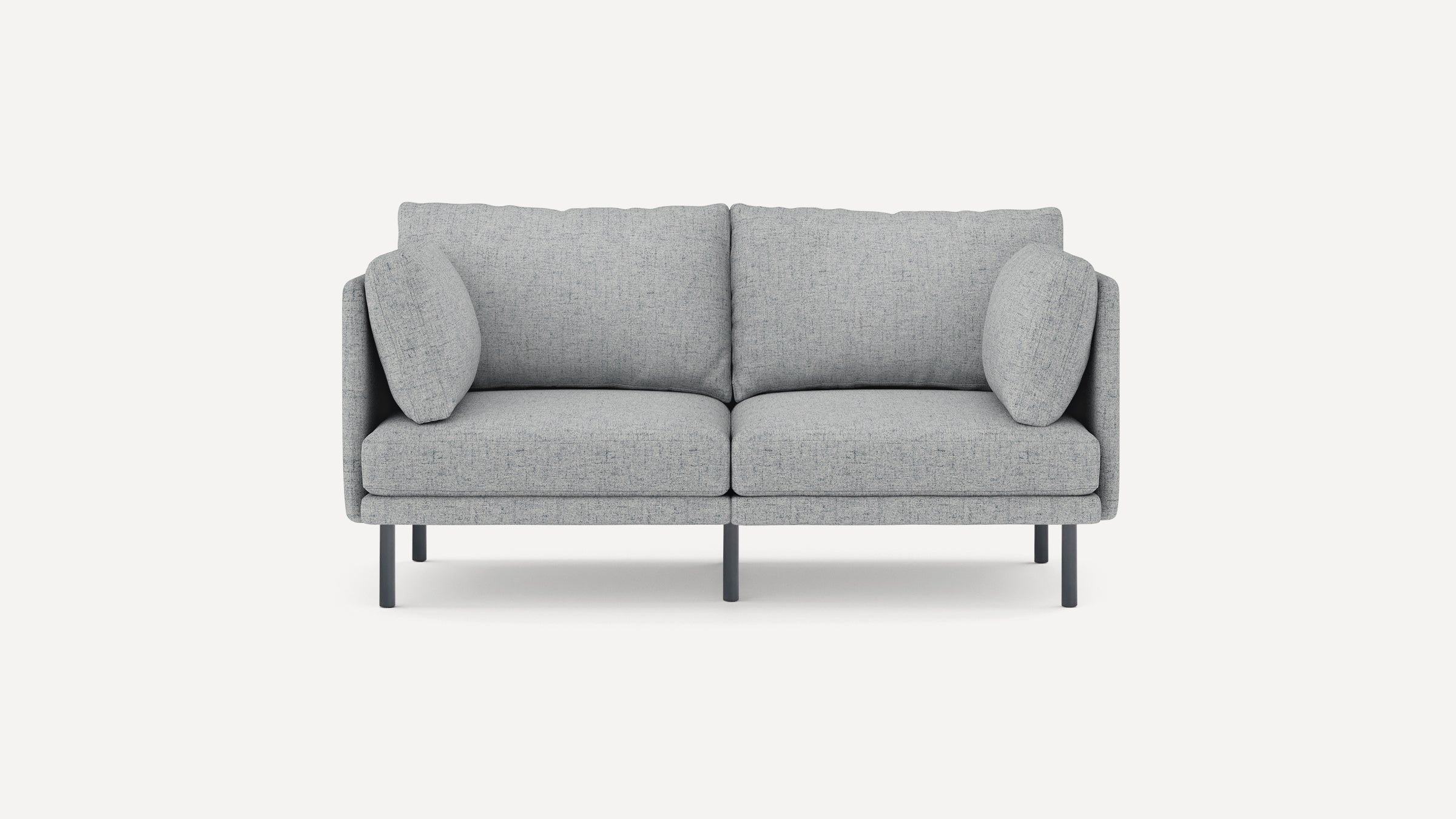 Modern light gray two-seater sofa with four black legs, featuring cushioned backrest and armrest pillows, on a white background.