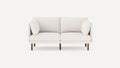 modern two - seater sofa with light beige upholstery and wooden legs, featuring a clean, minimalist design