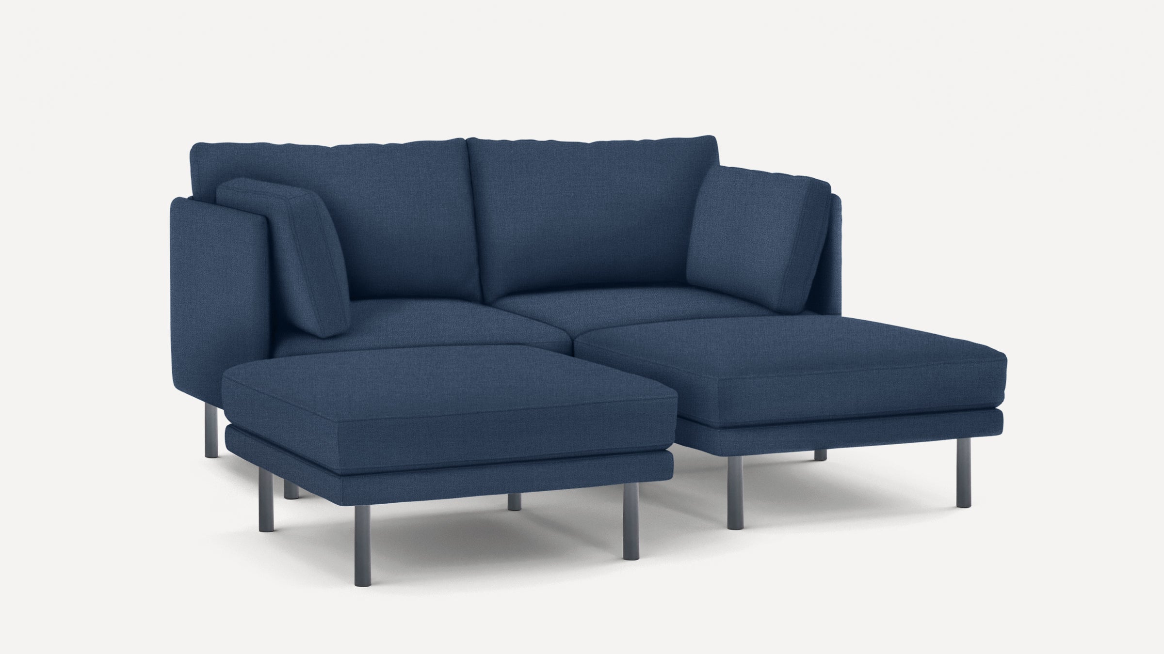 Modern navy blue sectional sofa with metal legs, featuring two chaise lounge seats and plush cushions for comfort.