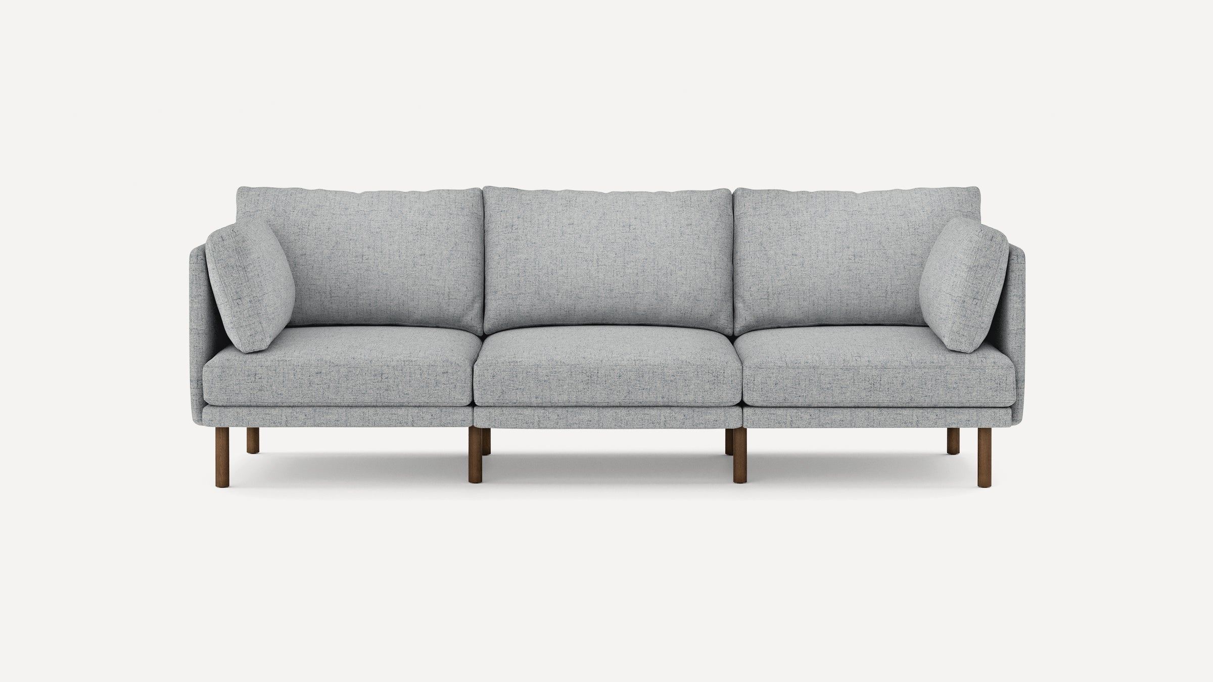 Light gray three-seater sofa with textured fabric upholstery, cushioned back and armrests, and wooden legs.