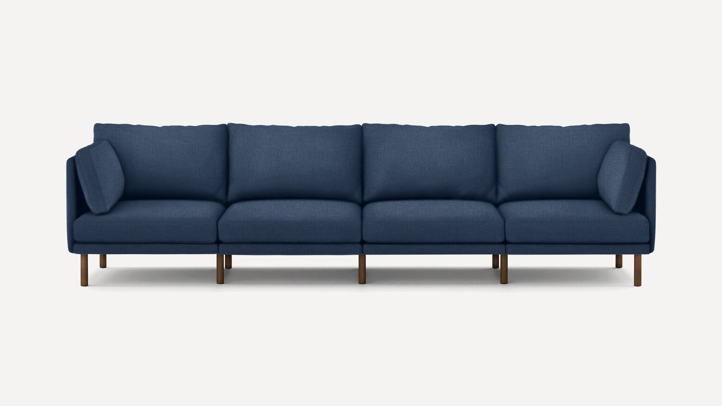 modern navy blue fabric sectional sofa with wooden legs and clean lines on the back, featuring clean lines and clean lines on the front