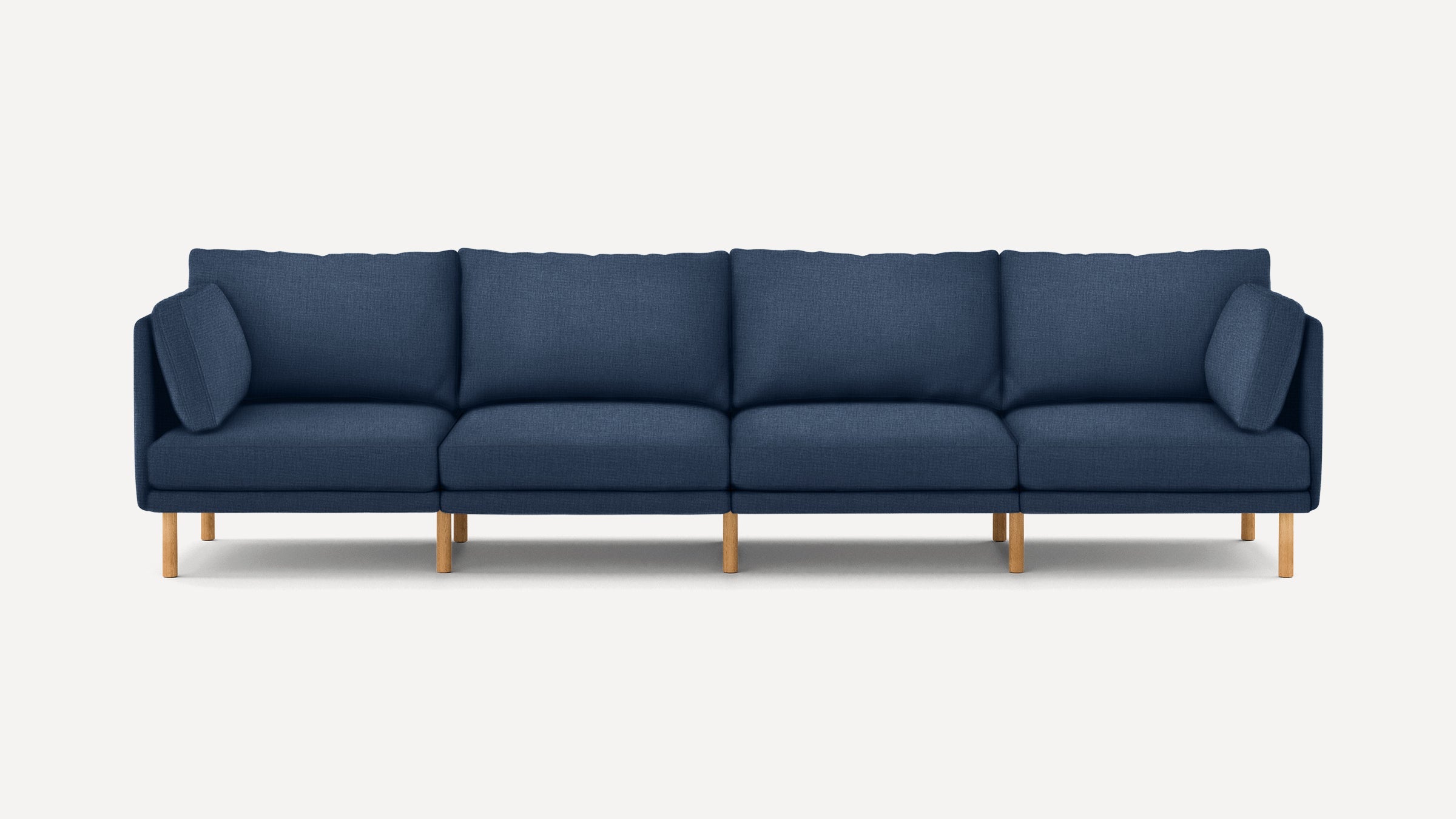 modern navy blue fabric sectional sofa with wooden legs and clean lines on the back, featuring clean lines and clean lines on the front