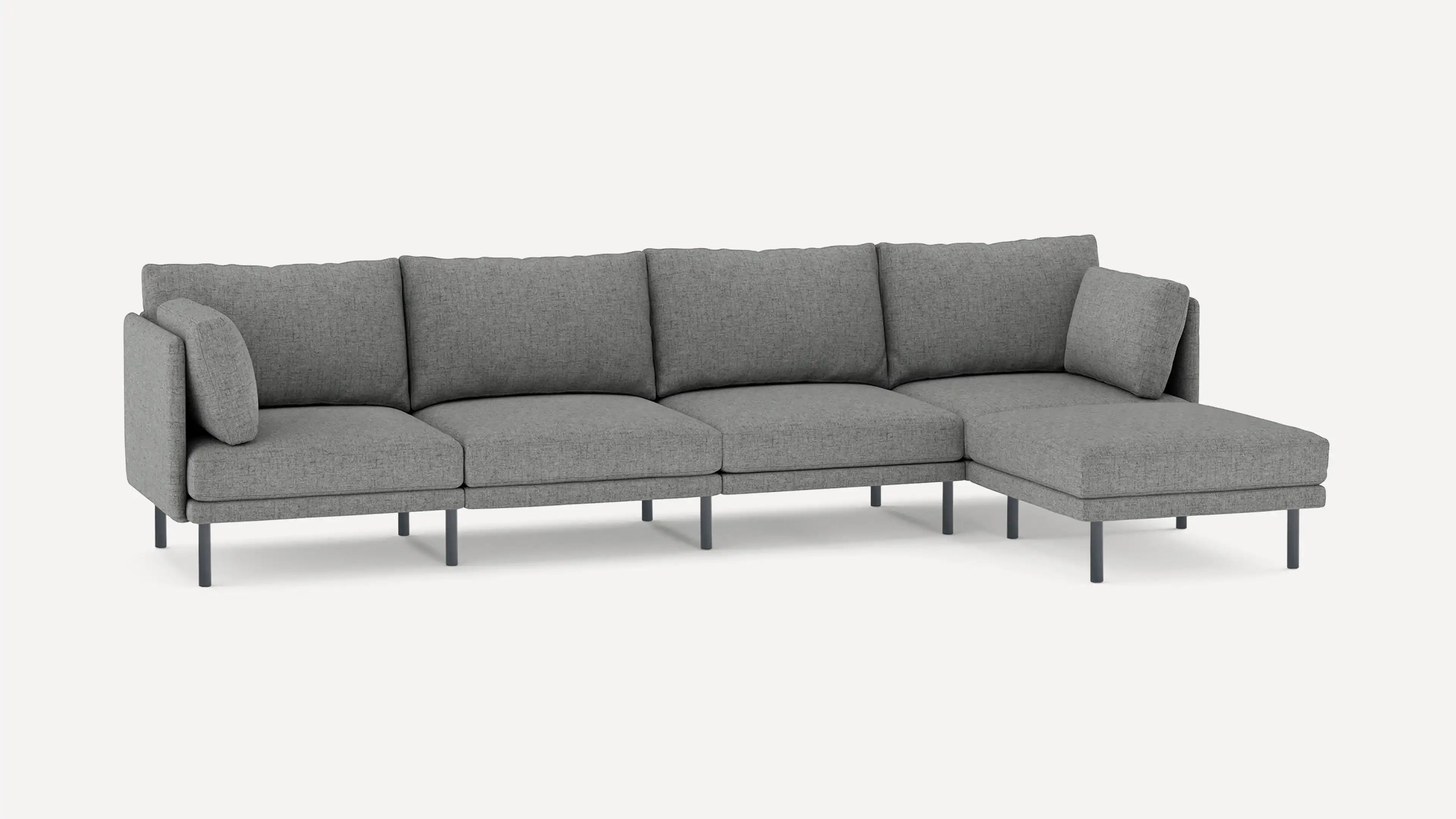 modern gray fabric sectional sofa with metal legs and clean lines on the back, featuring a chaise lounge, and clean lines on the front