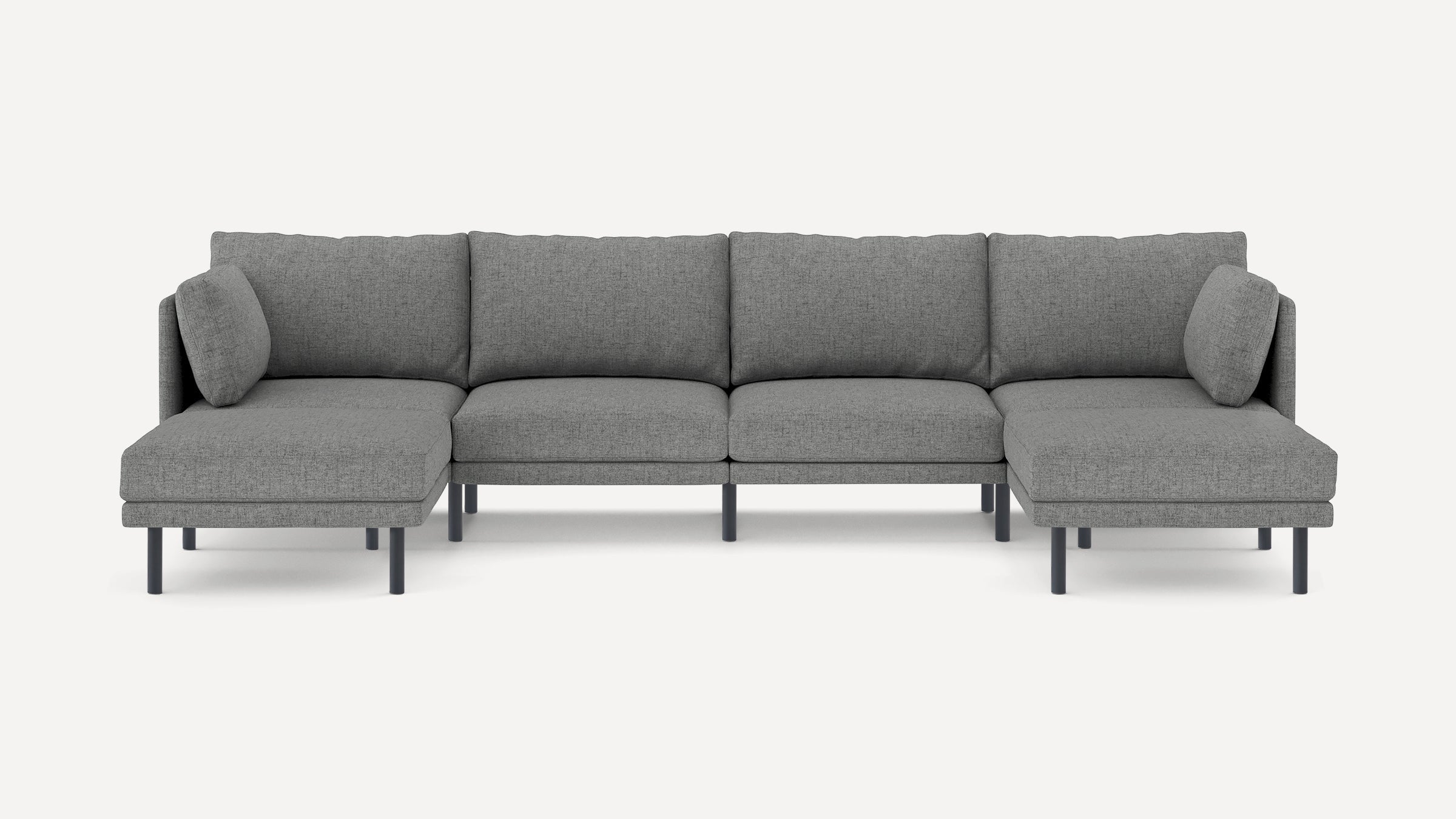 Modern gray fabric sectional sofa with chaise lounges on both ends and black metal legs, set against a plain white background.