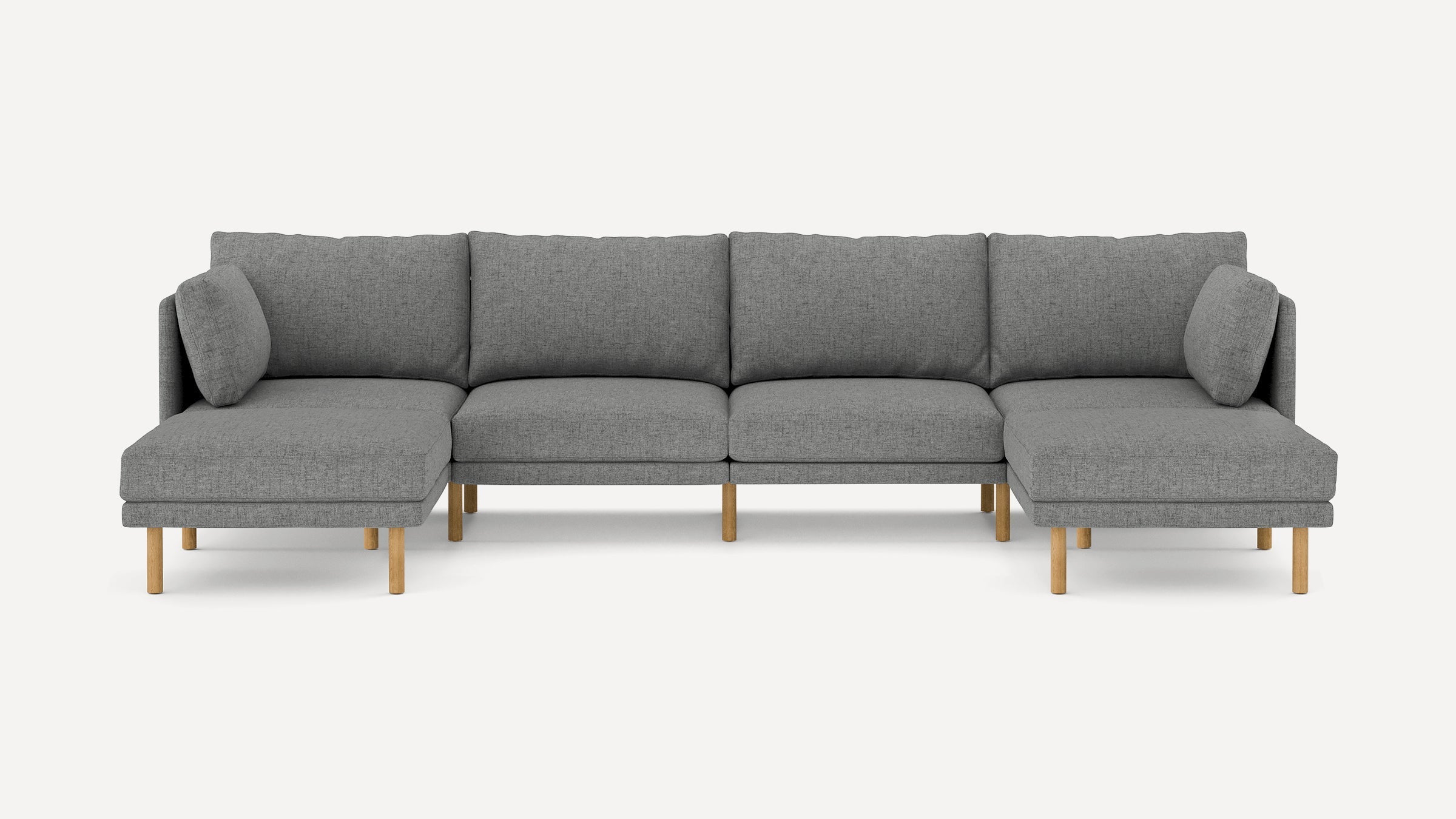 Modern large gray fabric sectional sofa with wooden legs, left and right chaise lounges, and matching cushions.