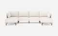 Modern white upholstered sectional sofa with wooden legs, featuring a left and right chaise lounge and removable cushions.