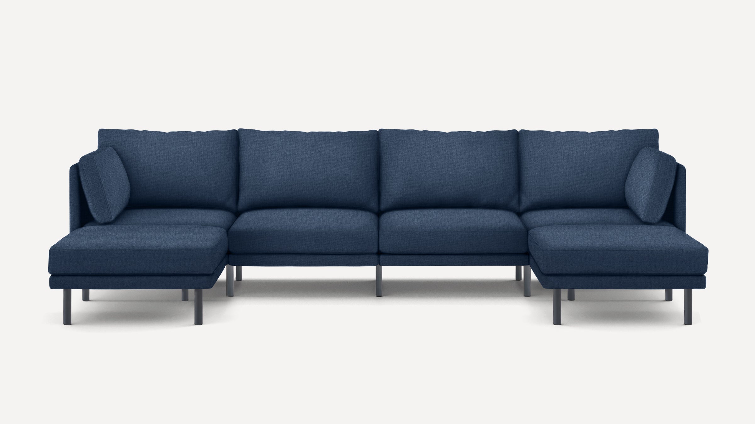 Modern navy blue sectional sofa with metal legs, featuring two corner chaise lounges and plush cushions.