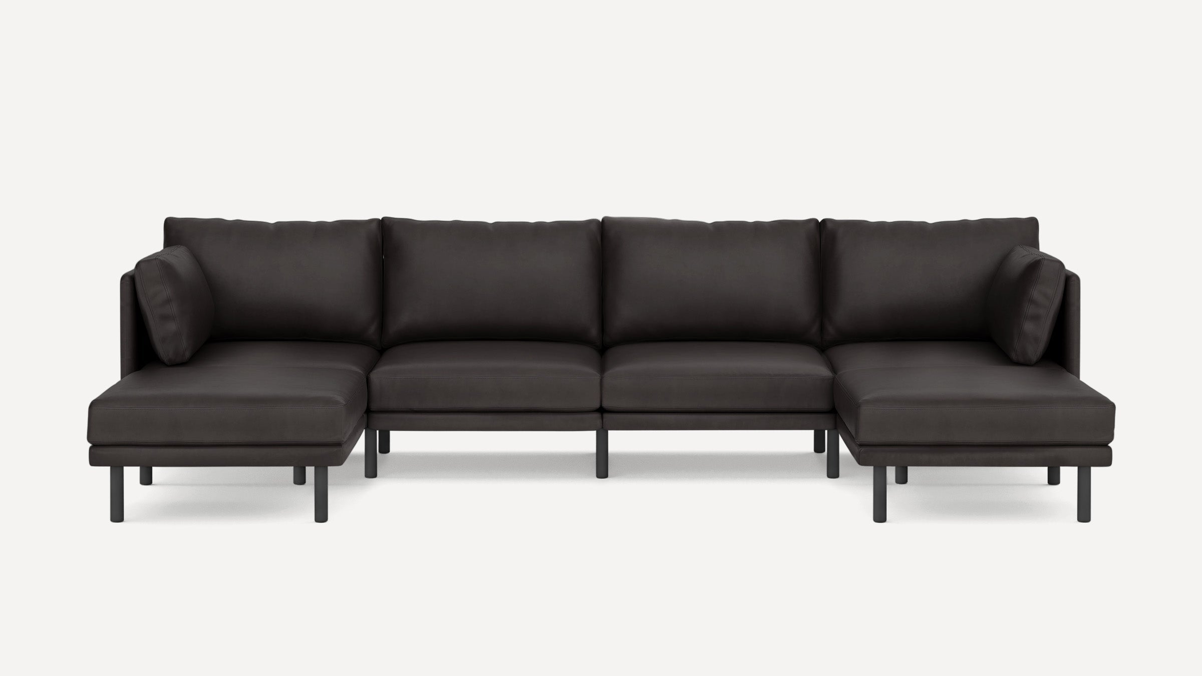 Modern dark brown leather sectional sofa with clean lines, including two chaise lounge ends and black cylindrical legs.