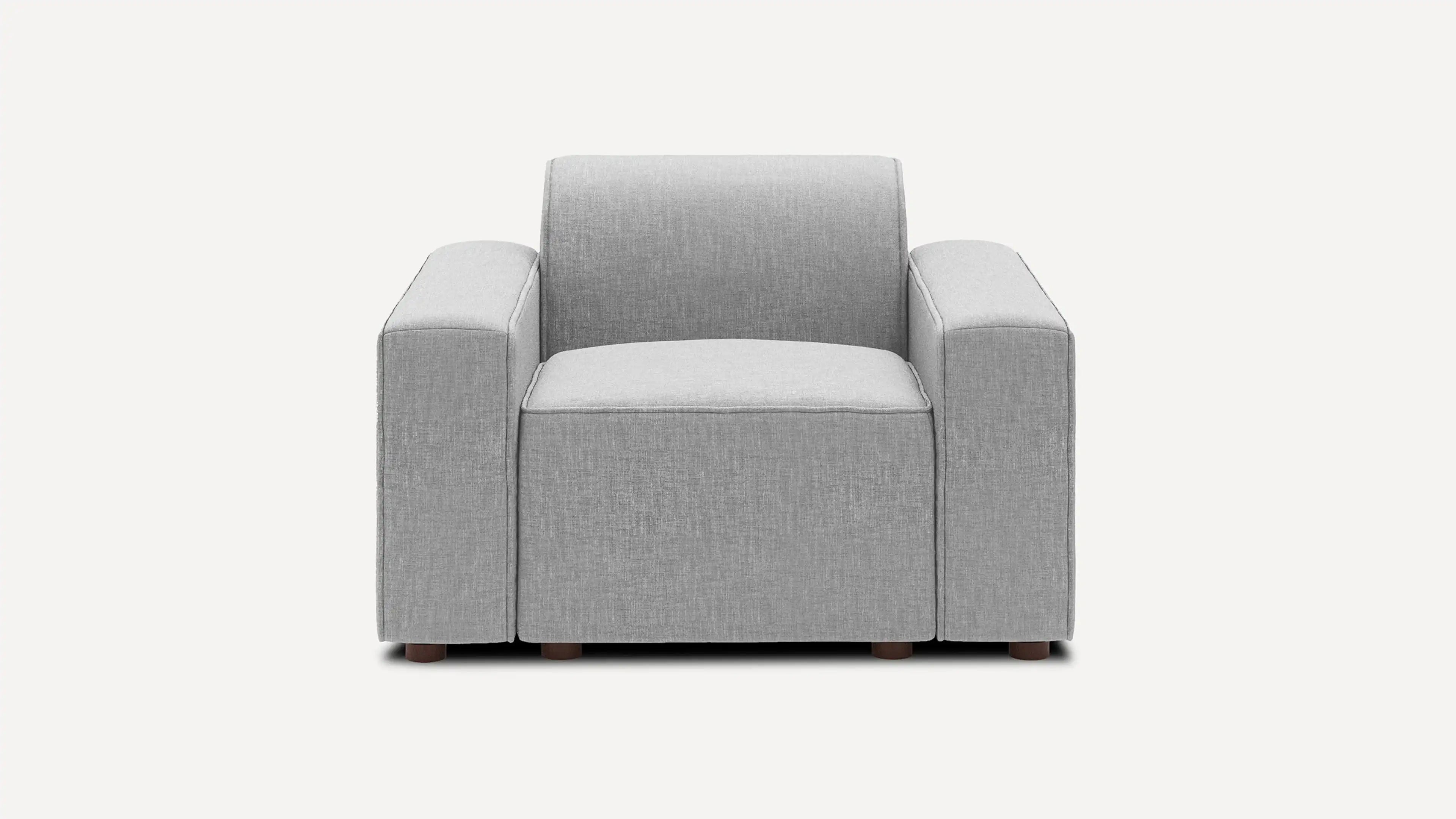 modern light gray fabric armchair with wooden legs and backrests, viewed from the front, on a white background