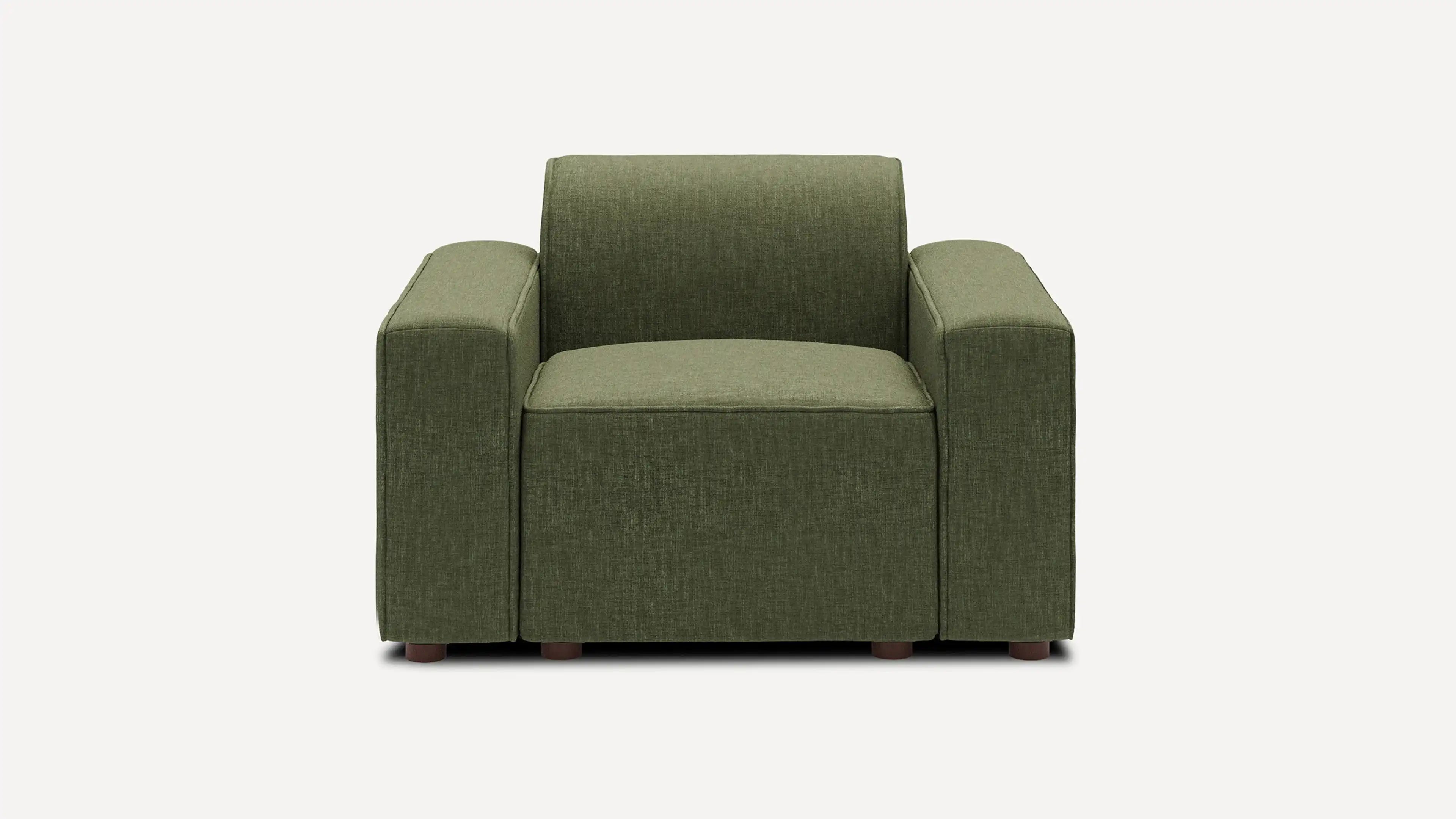 modern green fabric armchair with wooden legs and backrests, featuring a square shaped cushioned seat and backrest