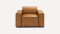 modern tan leather armchair with wooden legs and backrests, featuring a square shaped cushioned seat and backrest