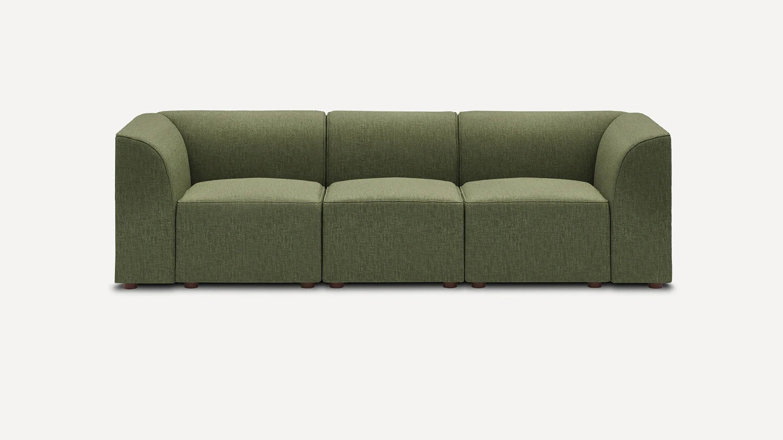 Olive green three-seater modular sofa with rounded armrests and cushion seats, featuring a modern minimalist design.