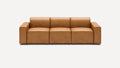 Modern three-seater sofa with clean lines, upholstered in smooth tan leather, featuring wide armrests and low cylindrical legs.