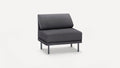 Modern dark gray armless accent chair with padded seat and backrest, supported by four slim metal legs.