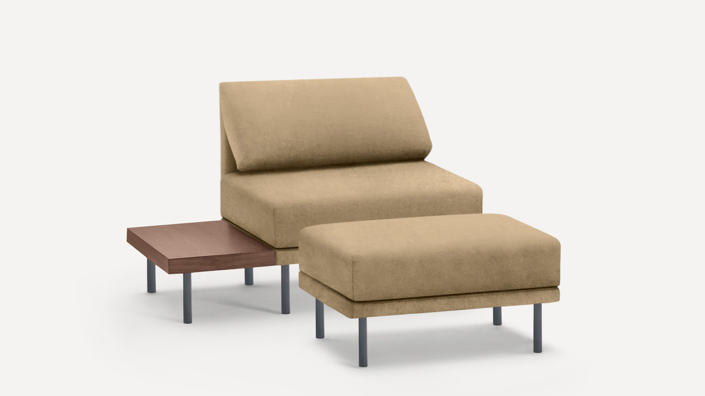 Modern beige upholstered lounge chair with matching ottoman and attached wooden side table, supported by slim metal legs.