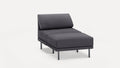 Modern dark gray upholstered chaise lounge chair with angled backrest and slim metal legs on white background.