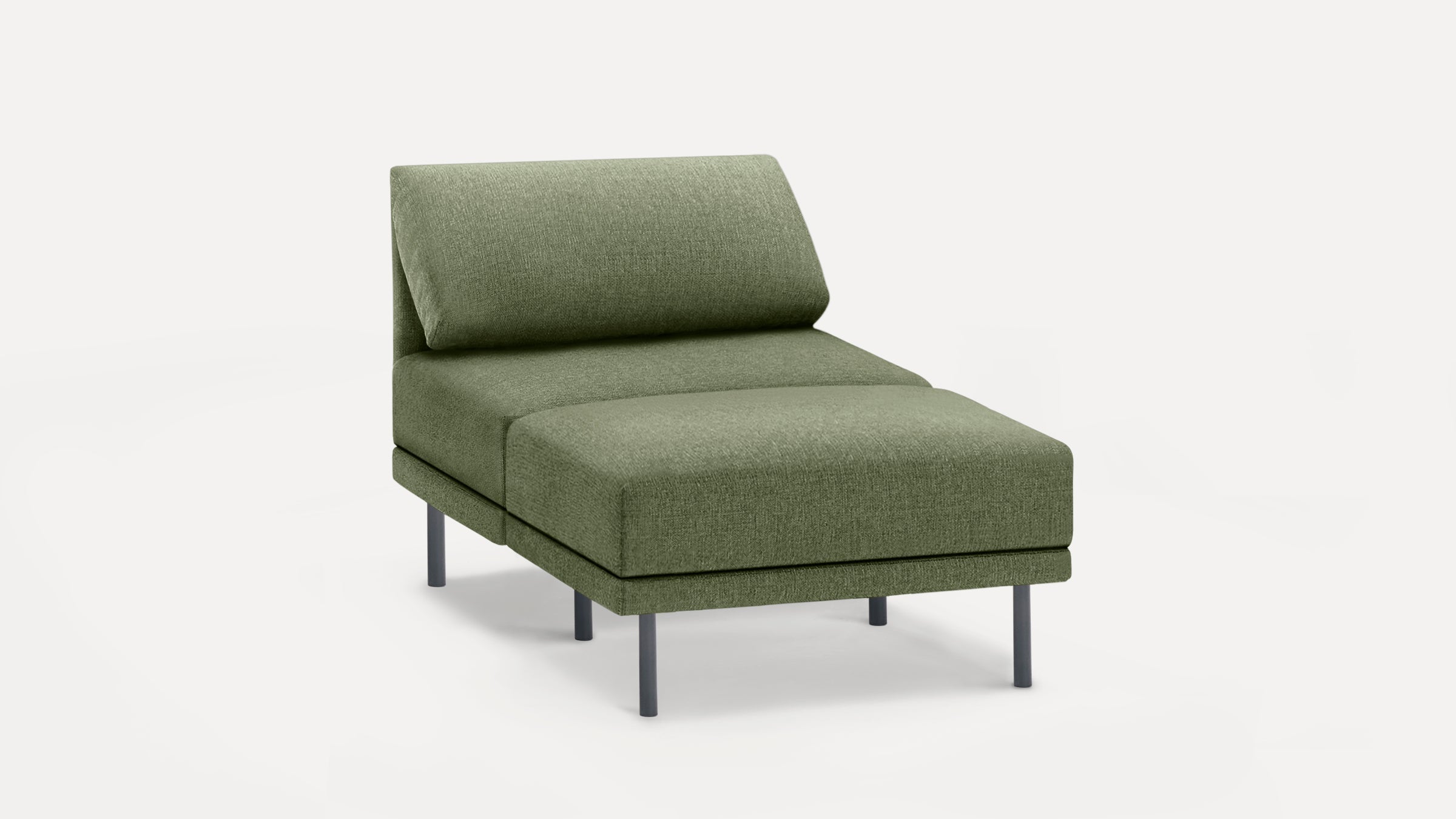 Modern olive green upholstered chaise lounge with angled backrest and slim black metal legs on white background.