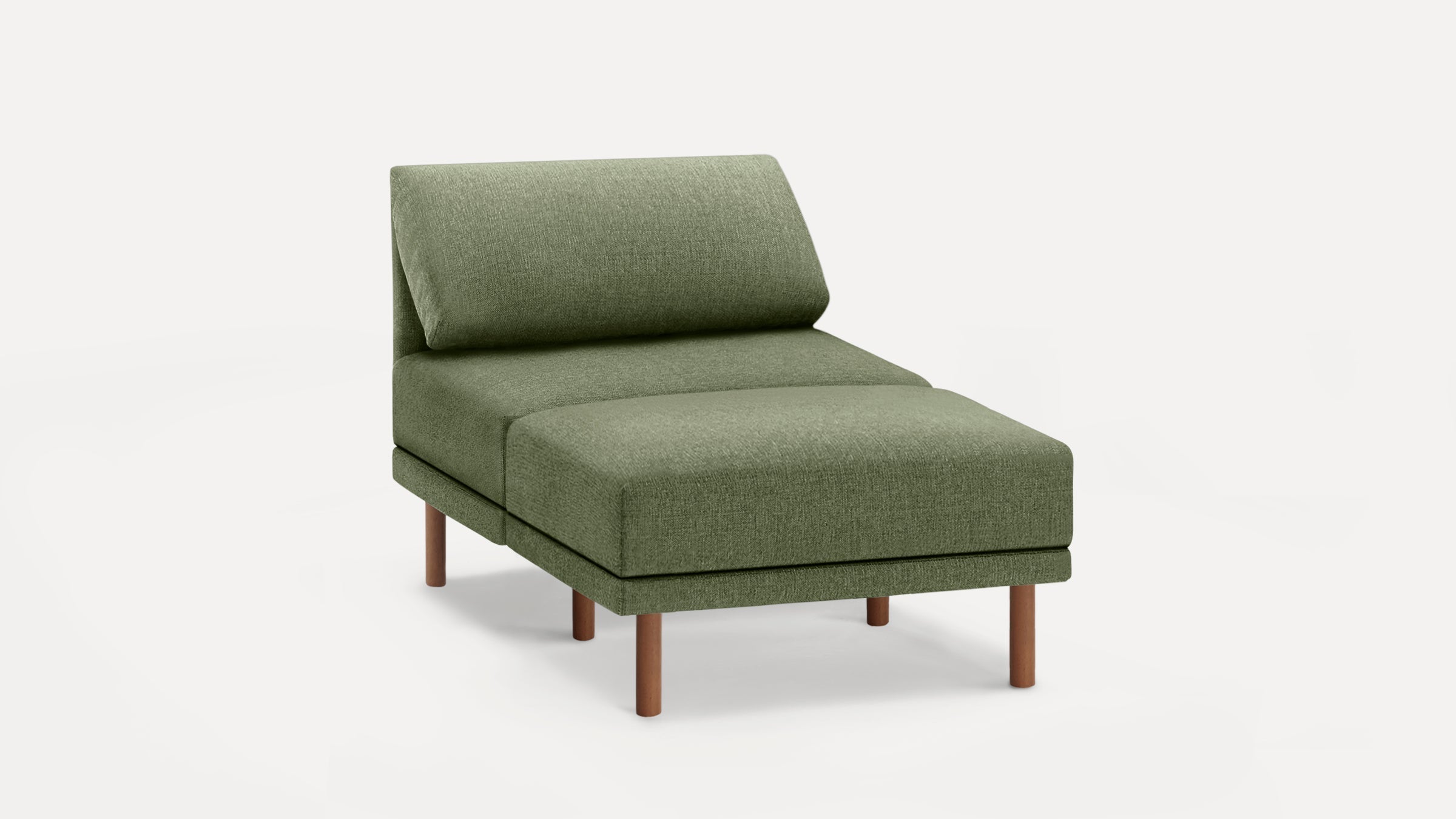 Modern green upholstered chaise lounge with wooden legs, angled backrest, and cushioned seat on white background.