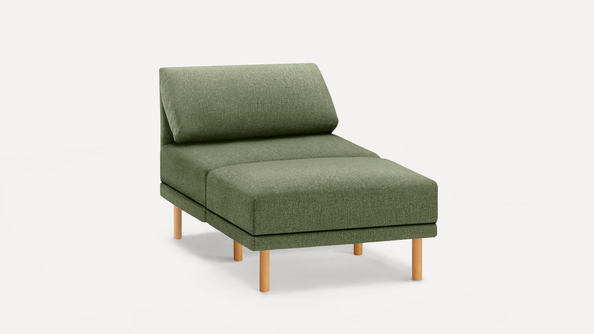 Modern olive green chaise lounge with textured fabric upholstery and light wooden legs on a white background.