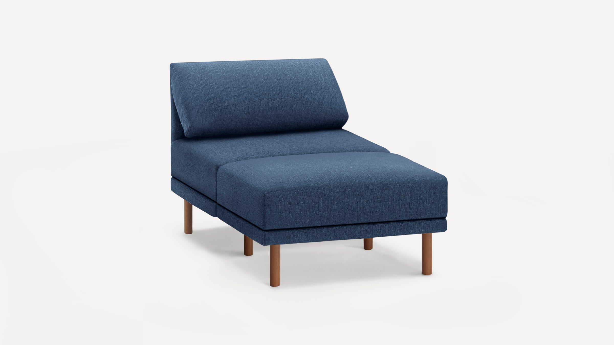 Modern chaise lounge chair with textured dark blue upholstery and wooden legs, featuring a cushioned backrest.