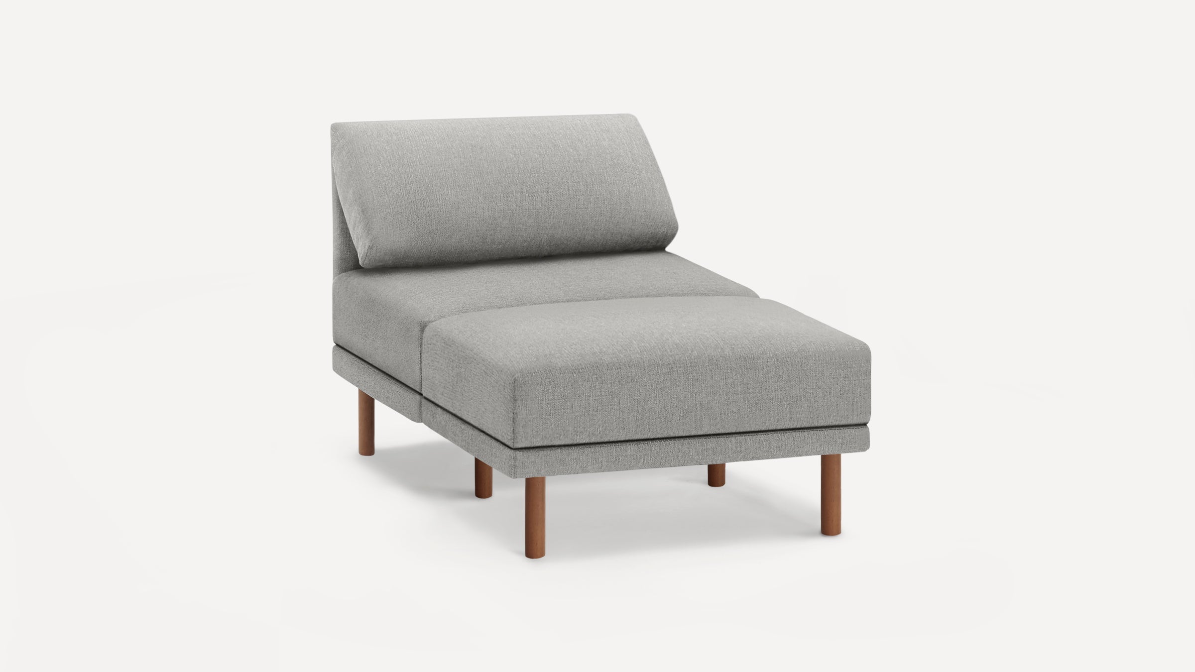 Modern gray upholstered chaise lounge with angled backrest and wooden legs on a white background.