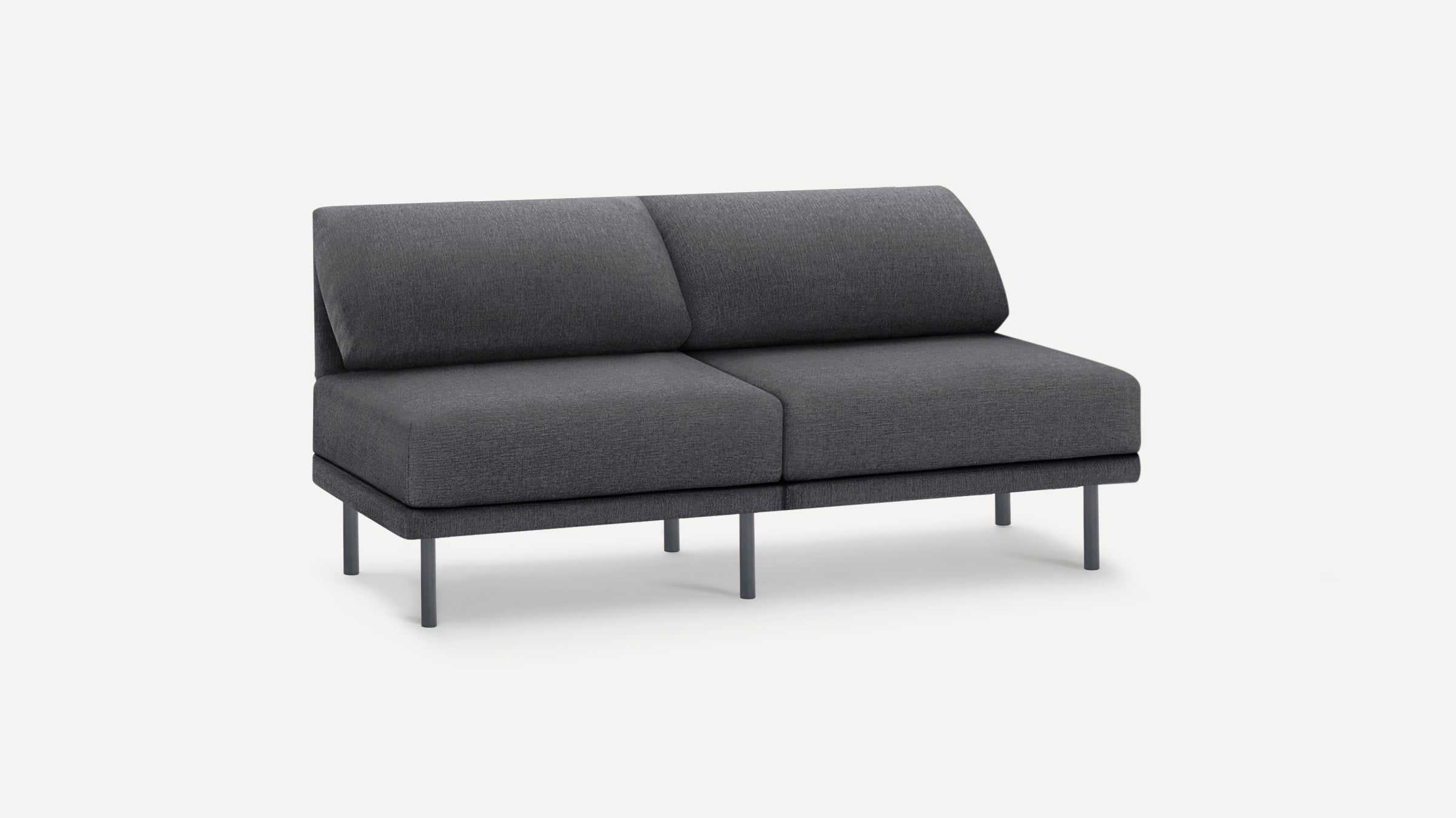 Modern dark gray two-seater sofa with sleek metal legs and simple, cushioned backrest and seat design on a white background.
