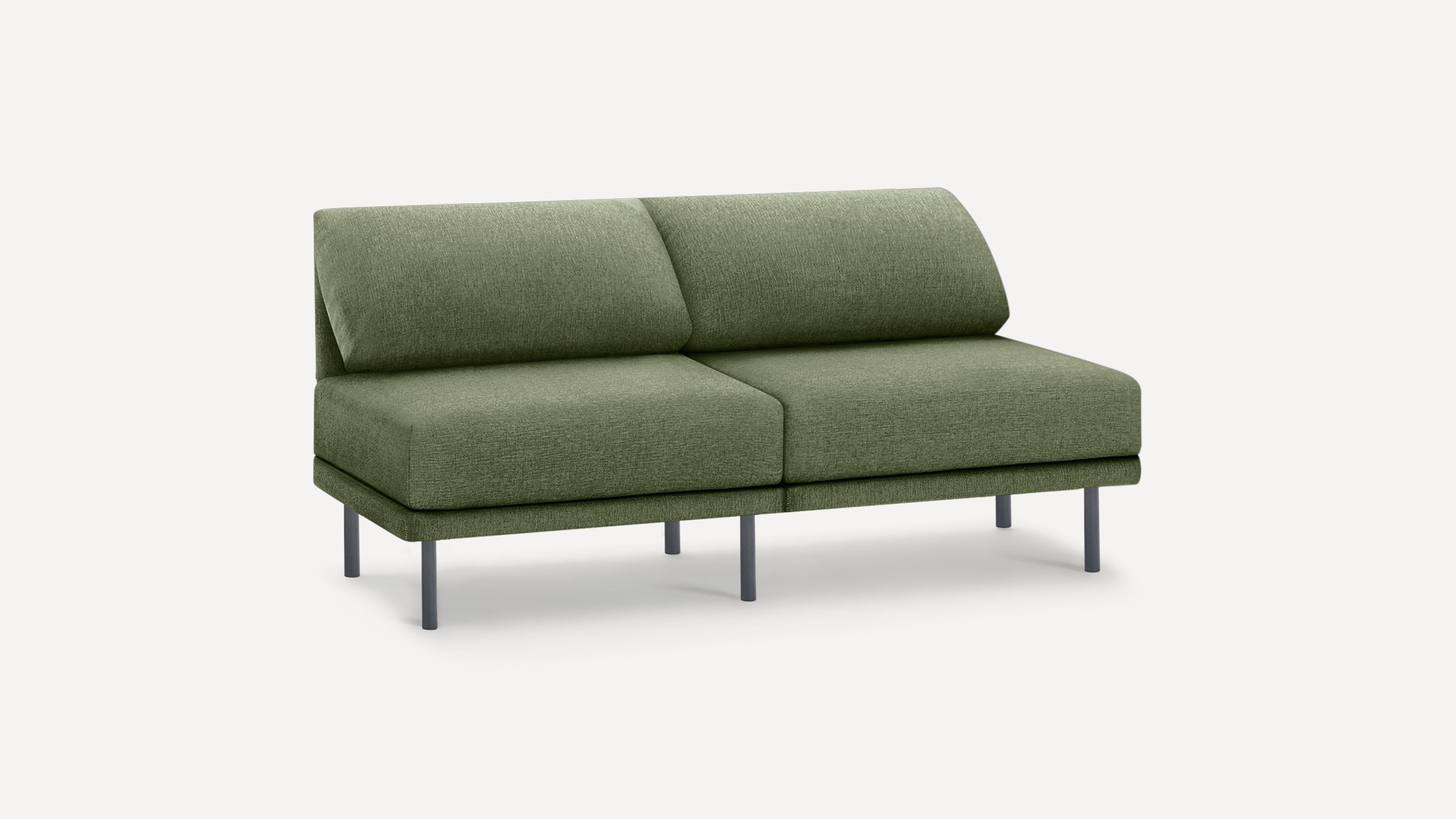 Modern olive green two-seater sofa with thick cushions and slim black metal legs on a white background.