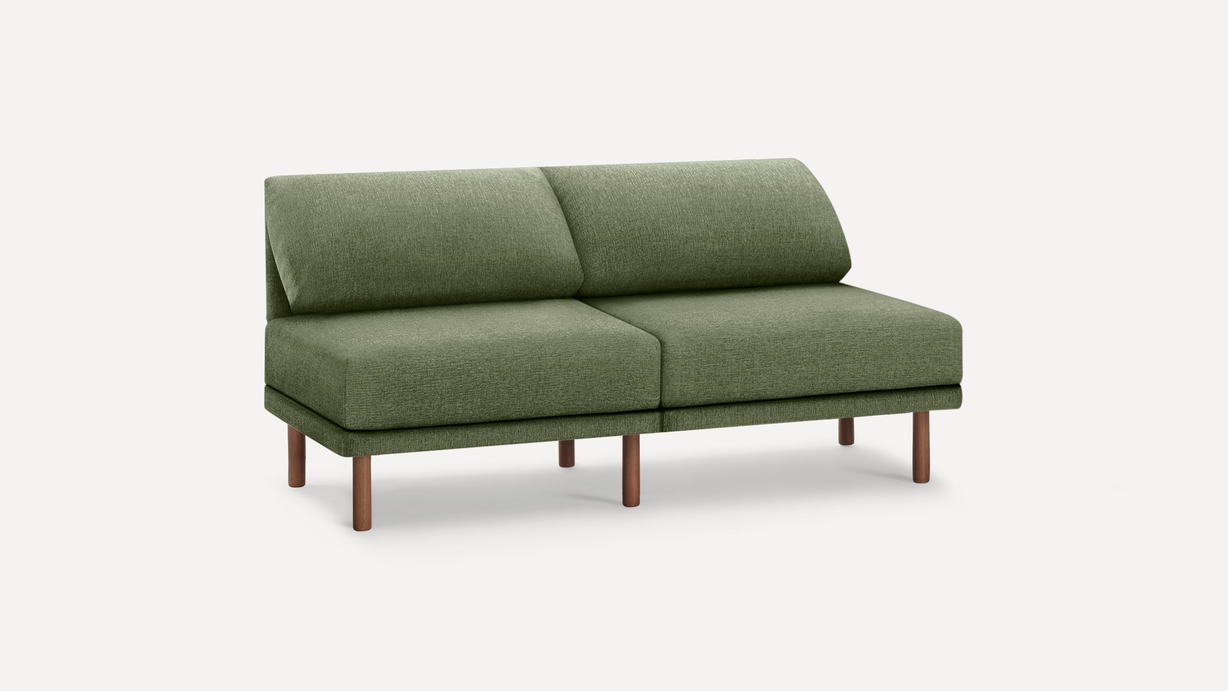 Modern olive green two-seater sofa with textured fabric upholstery and slender wooden legs on a plain white background.