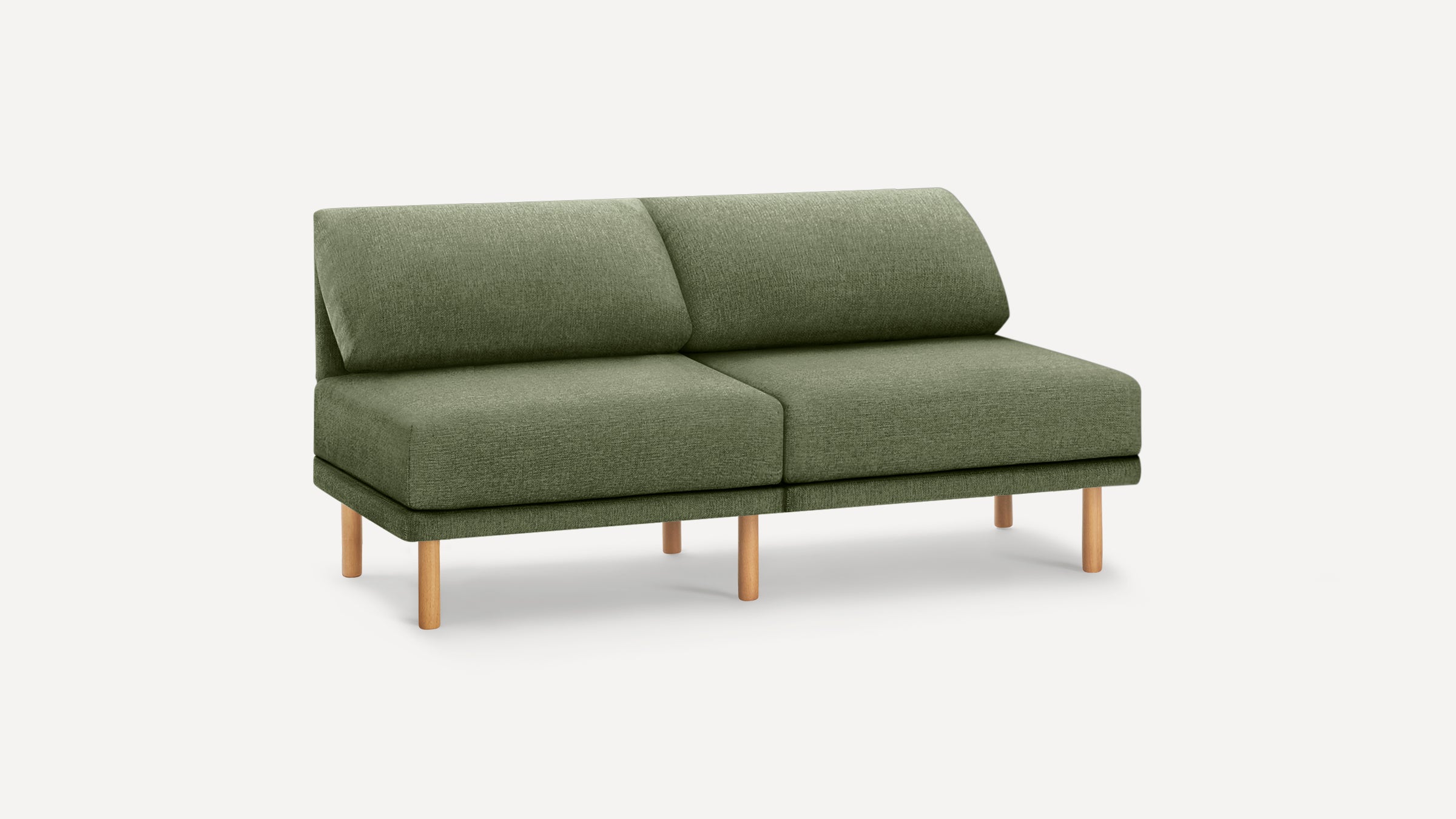 Modern olive green two-seater sofa with textured fabric upholstery and light wooden cylindrical legs on white background.