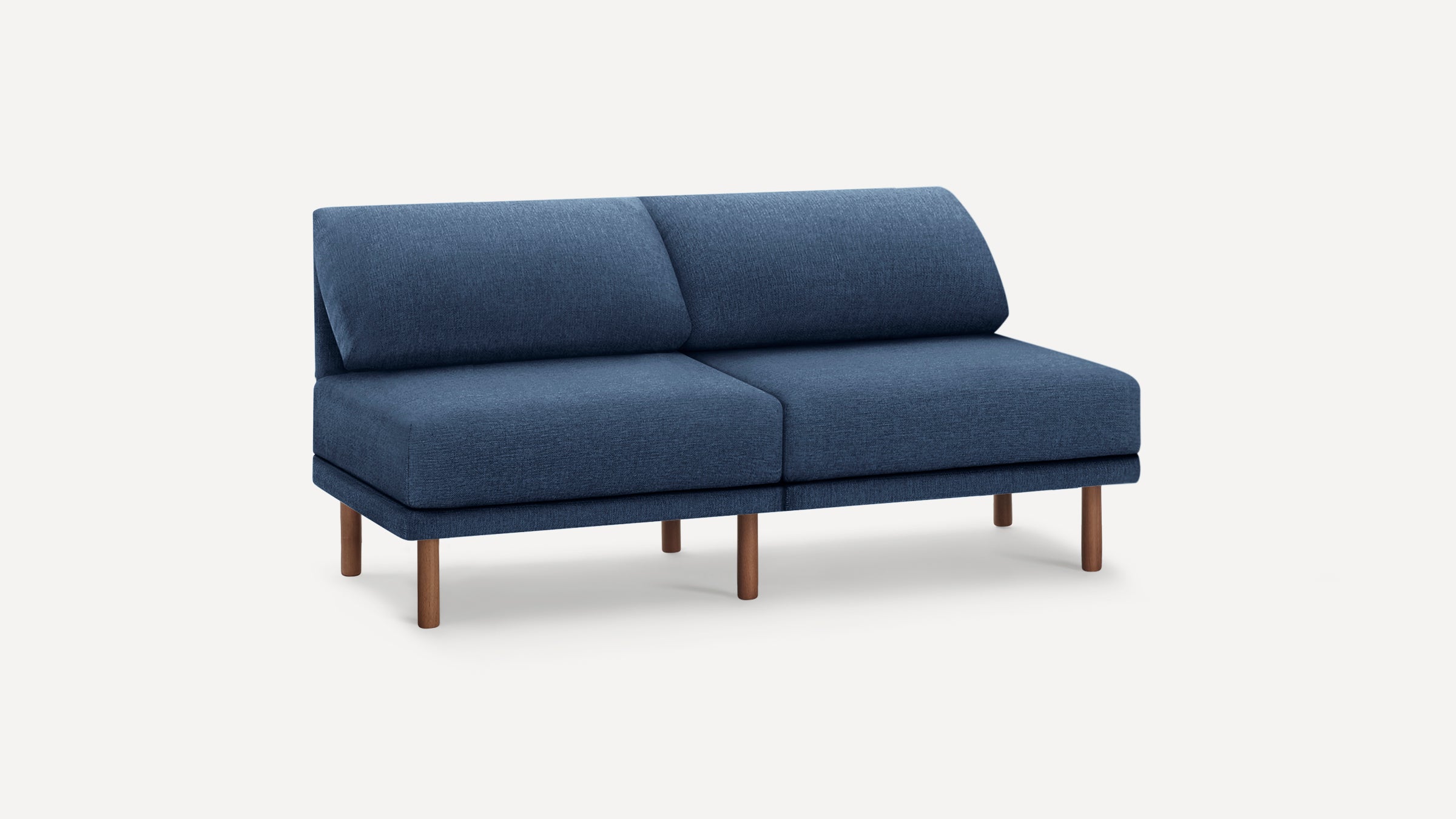 Modern two-seater sofa with deep blue fabric upholstery and wooden legs, featuring a minimalist and sleek design.