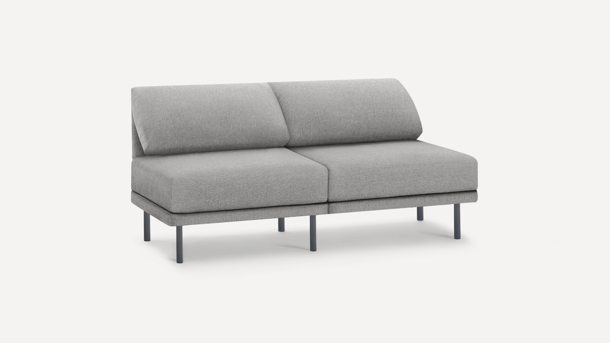 Modern light gray two-seater sofa with fabric upholstery, black metal legs, and minimalist design against a plain white background.