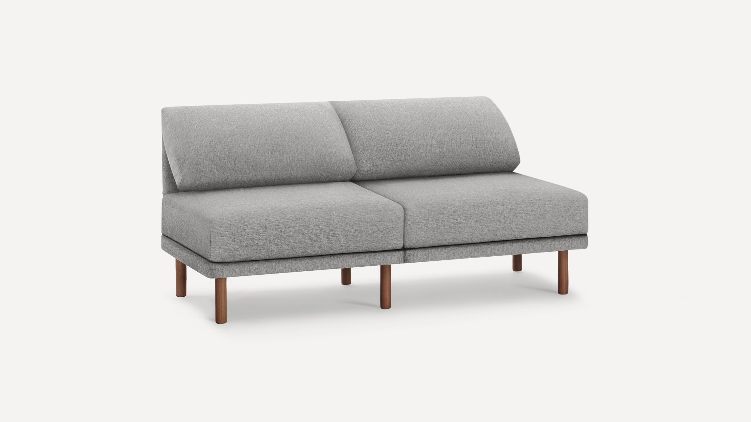 Modern grey two-seater sofa with soft cushions and wooden legs, sleek minimalist design, light fabric upholstery.