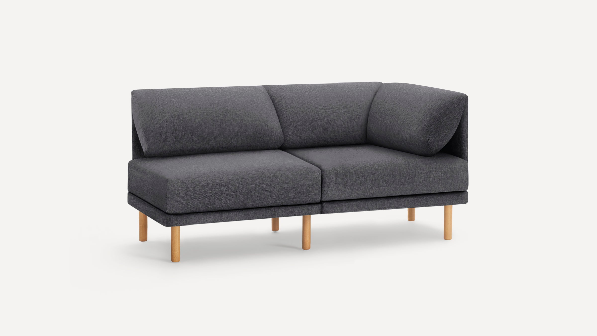 Modern dark gray two-seater sofa with wooden legs and cushioned backrest against a plain white background.