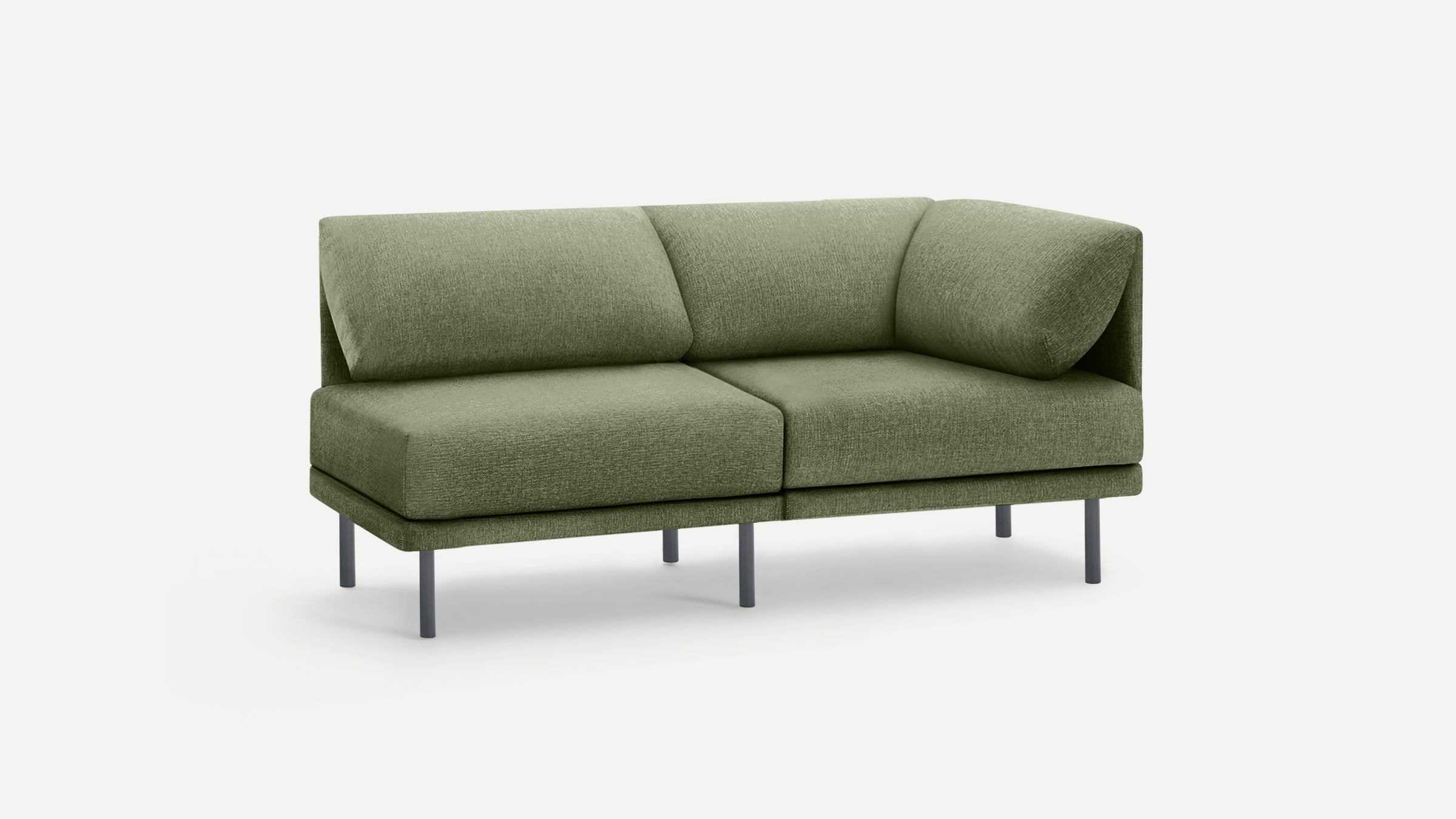 Modern olive green fabric corner sofa with angled back cushions and slim black metal legs on white background.