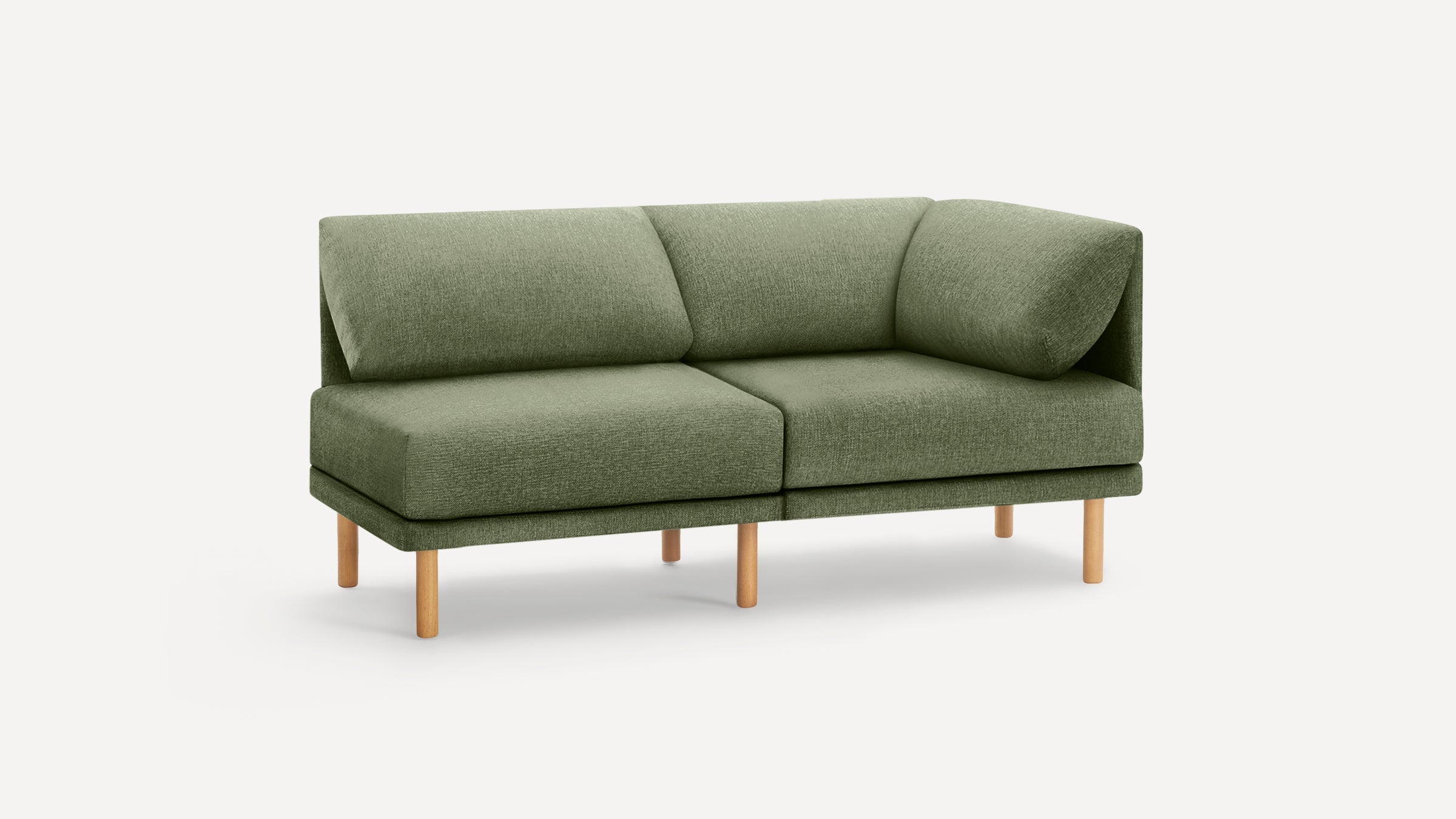 Modern olive green two-seater sofa with wooden legs, featuring angled back cushions and minimalist design on a white background.