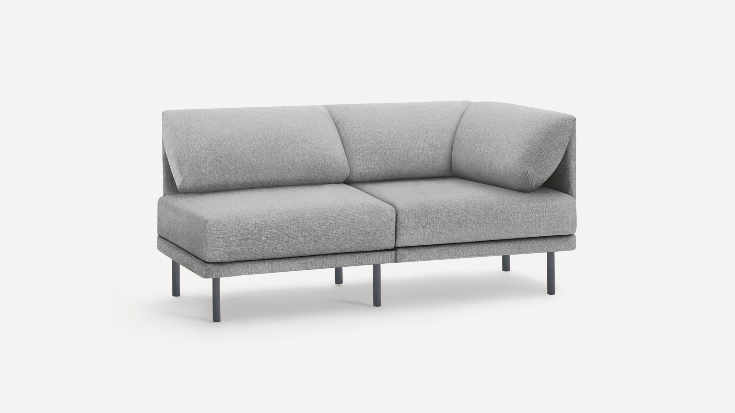 Light gray, modern two-seater sofa with clean lines, cushioned backrest, and slim black metal legs against a white background.