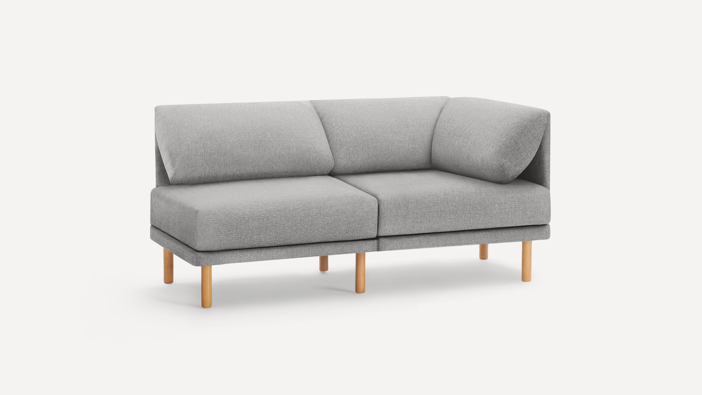 Modern gray fabric loveseat with wooden legs, featuring clean lines and a minimalist design on a white background.