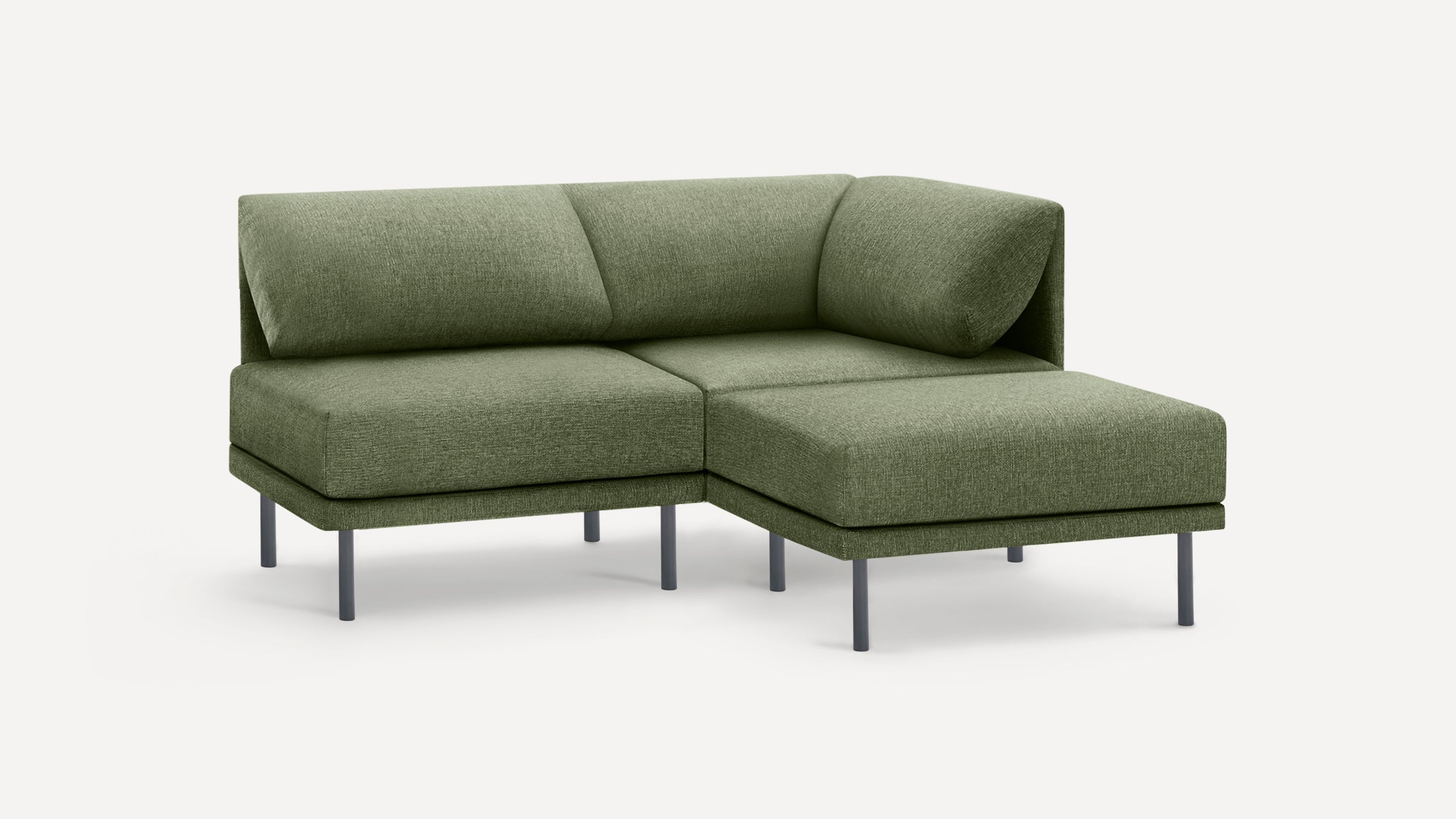 Modern green fabric L-shaped sectional sofa with metal legs and cushioned backrest on a white background.