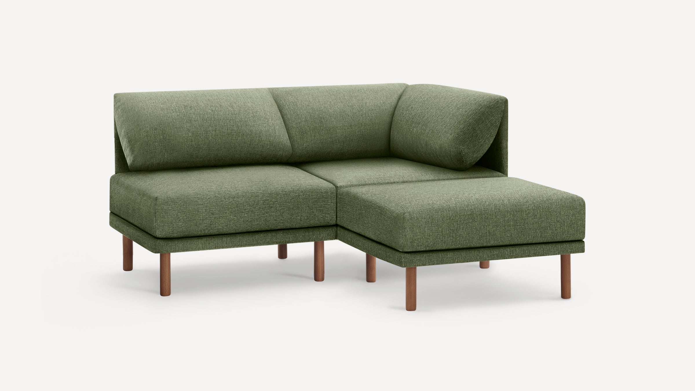 Modern olive green L-shaped sectional sofa with wooden legs, upholstered cushions, and low-back design on a white background.