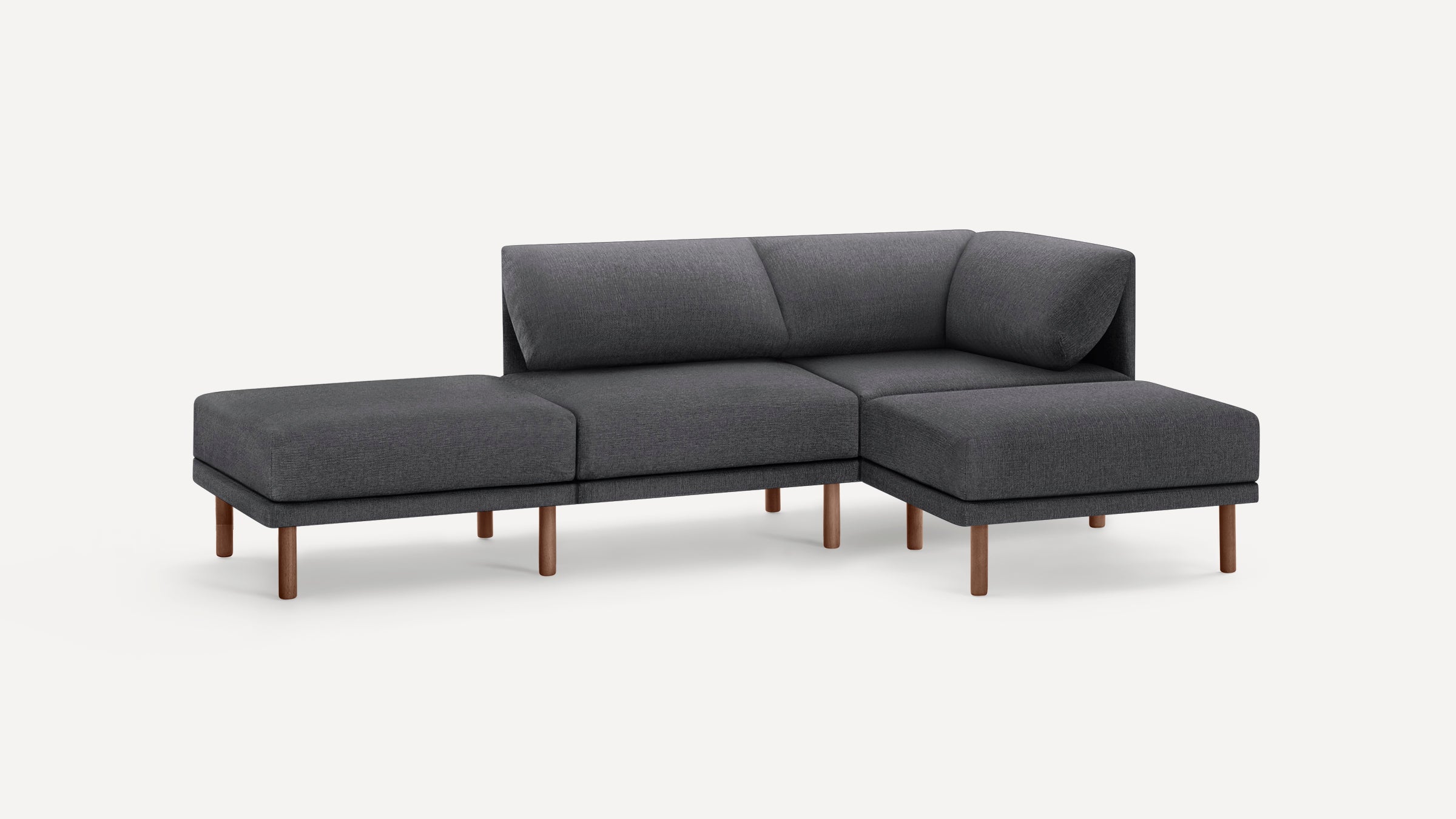 Gray modern sectional sofa with wooden legs, featuring a right-side chaise and plush back cushions on a white background.