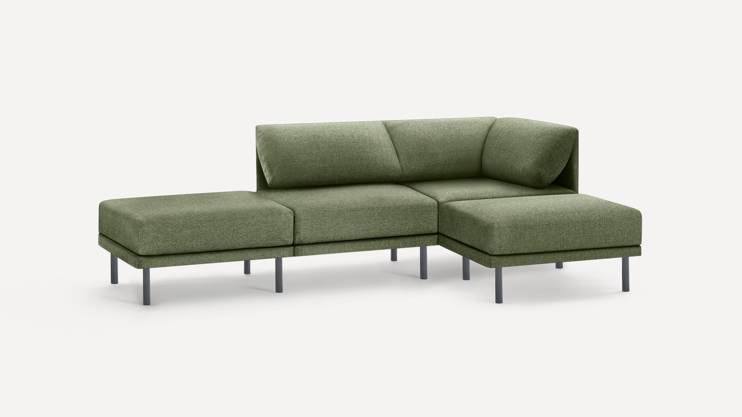 Modern, olive-green modular sectional sofa with metal legs and a minimalist design, featuring a chaise lounge and cushioned backrests.
