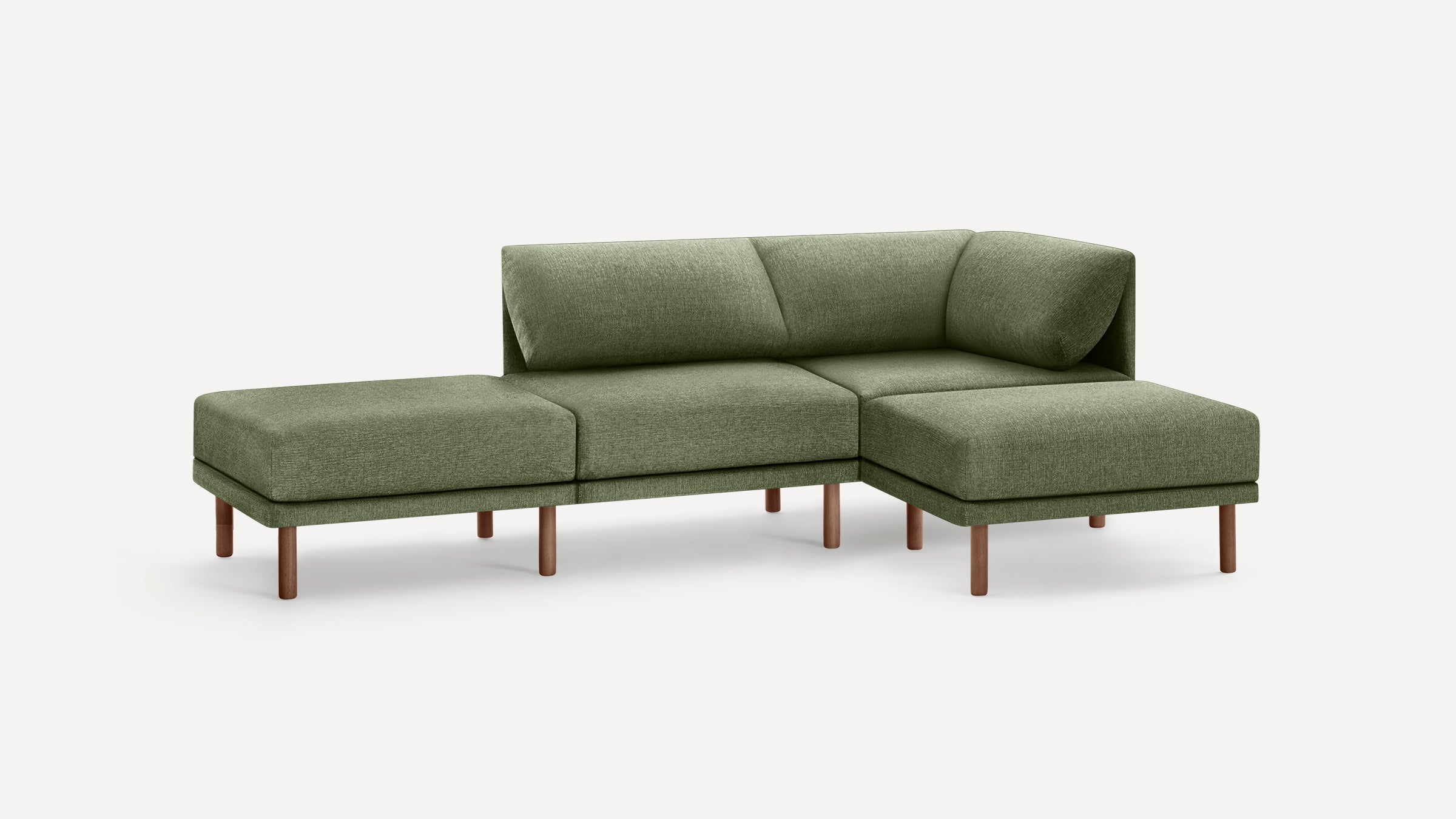 Modern olive green sectional sofa with wooden legs, featuring a left chaise lounge and cushioned backrest.