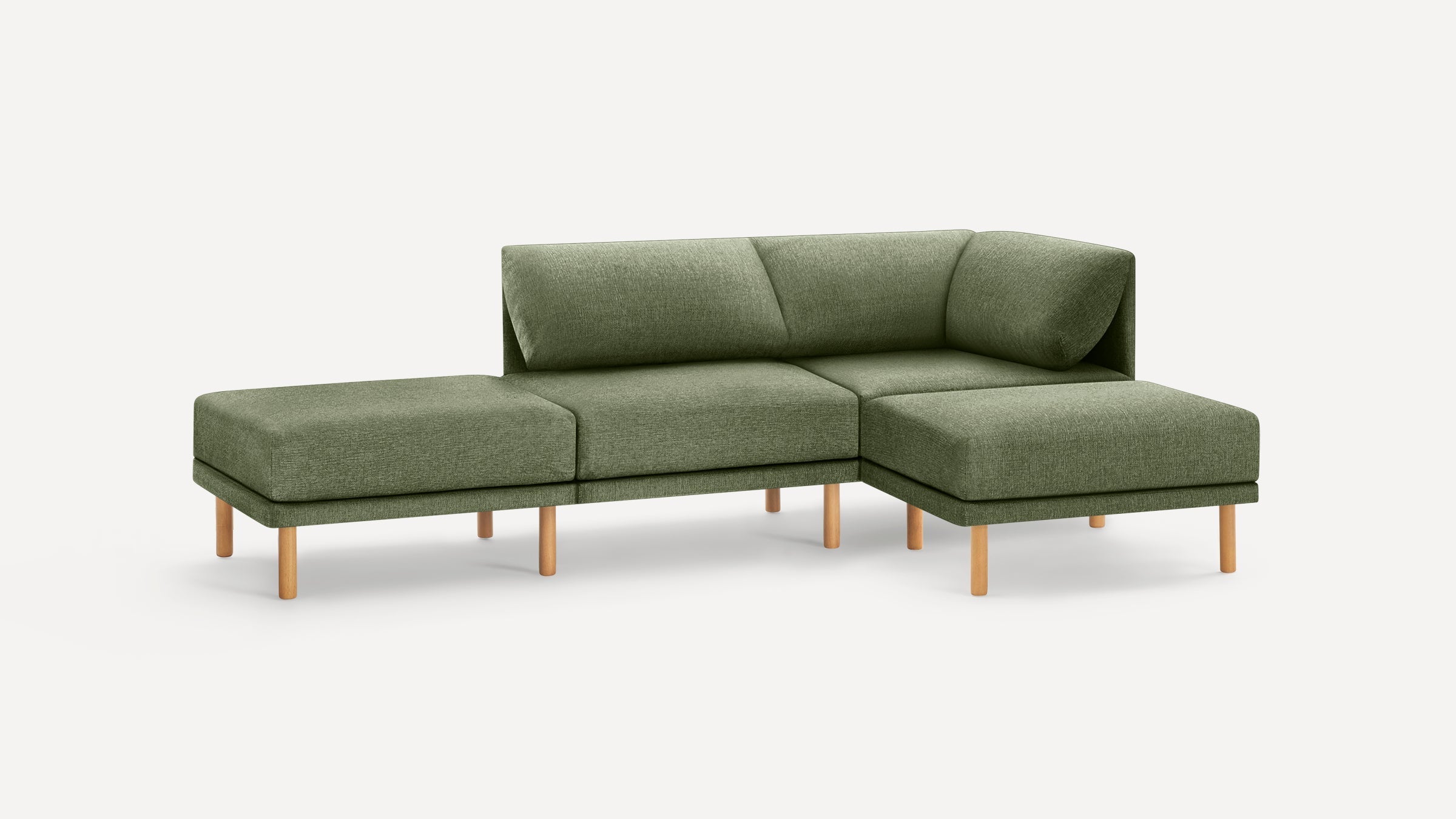 Green fabric modular sectional sofa with wooden legs, featuring a right chaise and minimalist modern design.