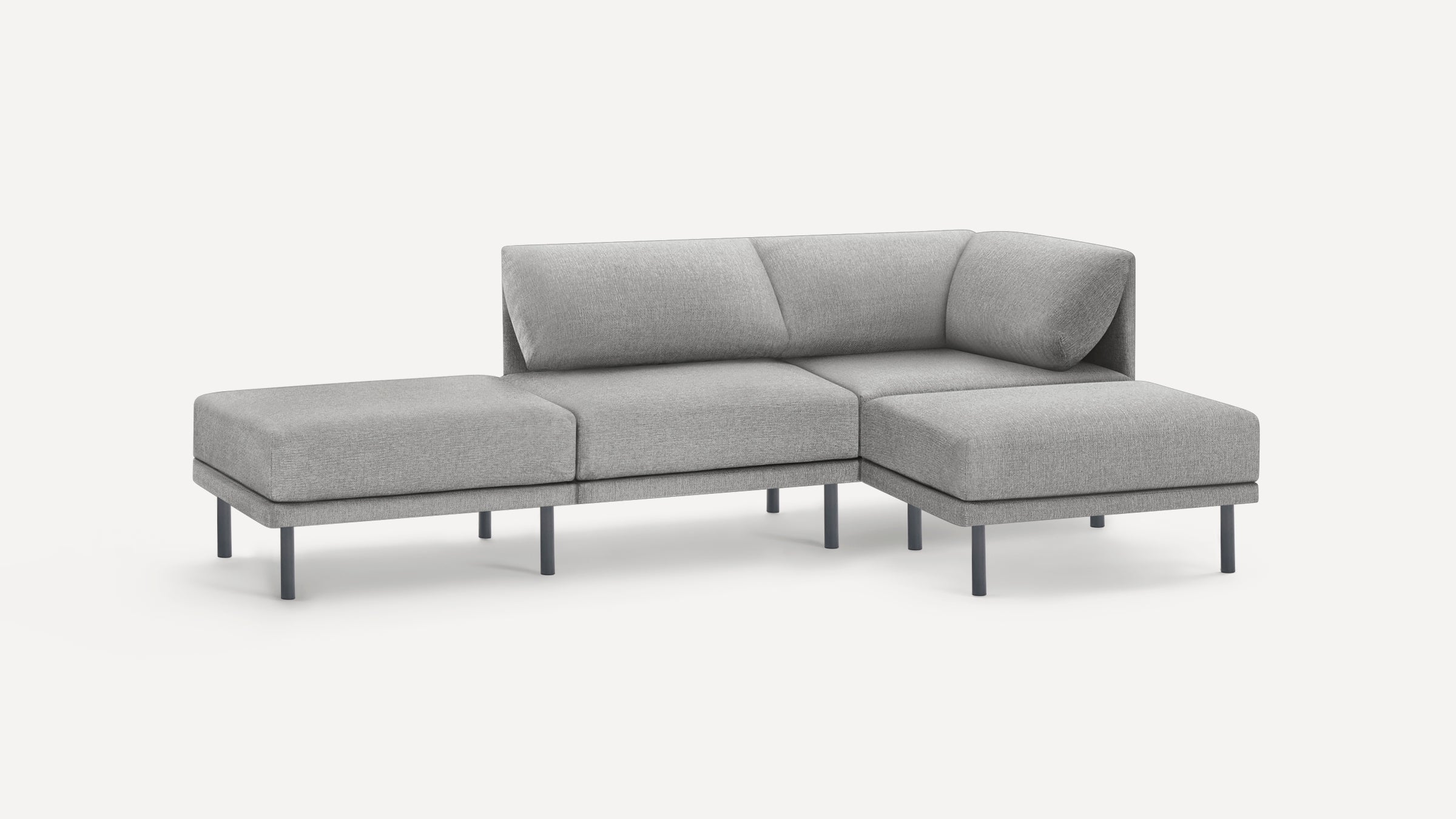 Modern light gray fabric sectional sofa with clean lines, metal legs, and right-side chaise lounge on white background.