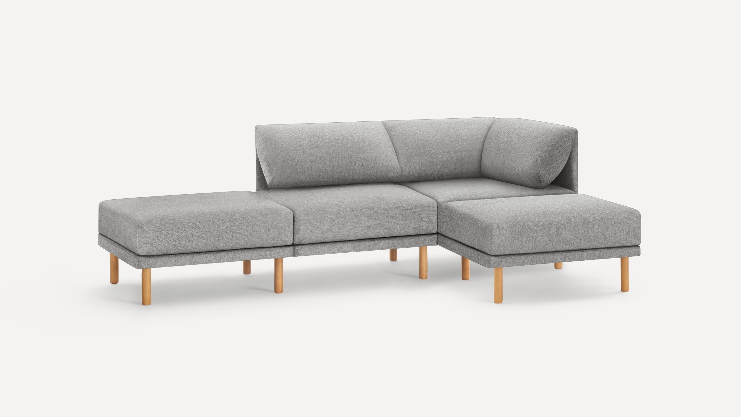 Modern gray fabric sectional sofa with wooden legs, featuring a right corner design and cushioned backrests.