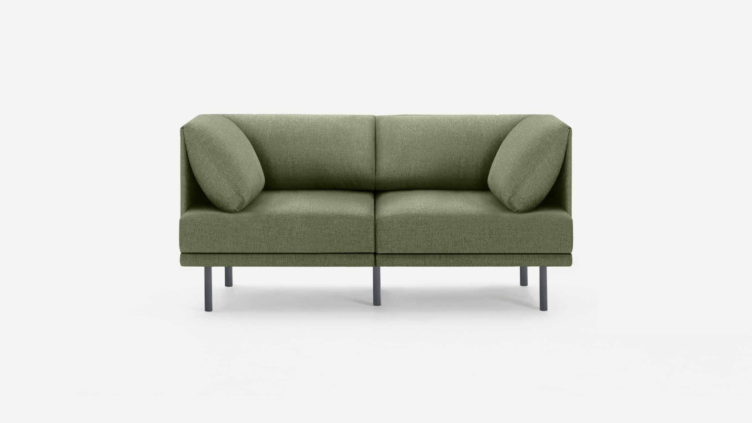 Modern olive green two-seater sofa with angled arm cushions and slim black metal legs on a white background.
