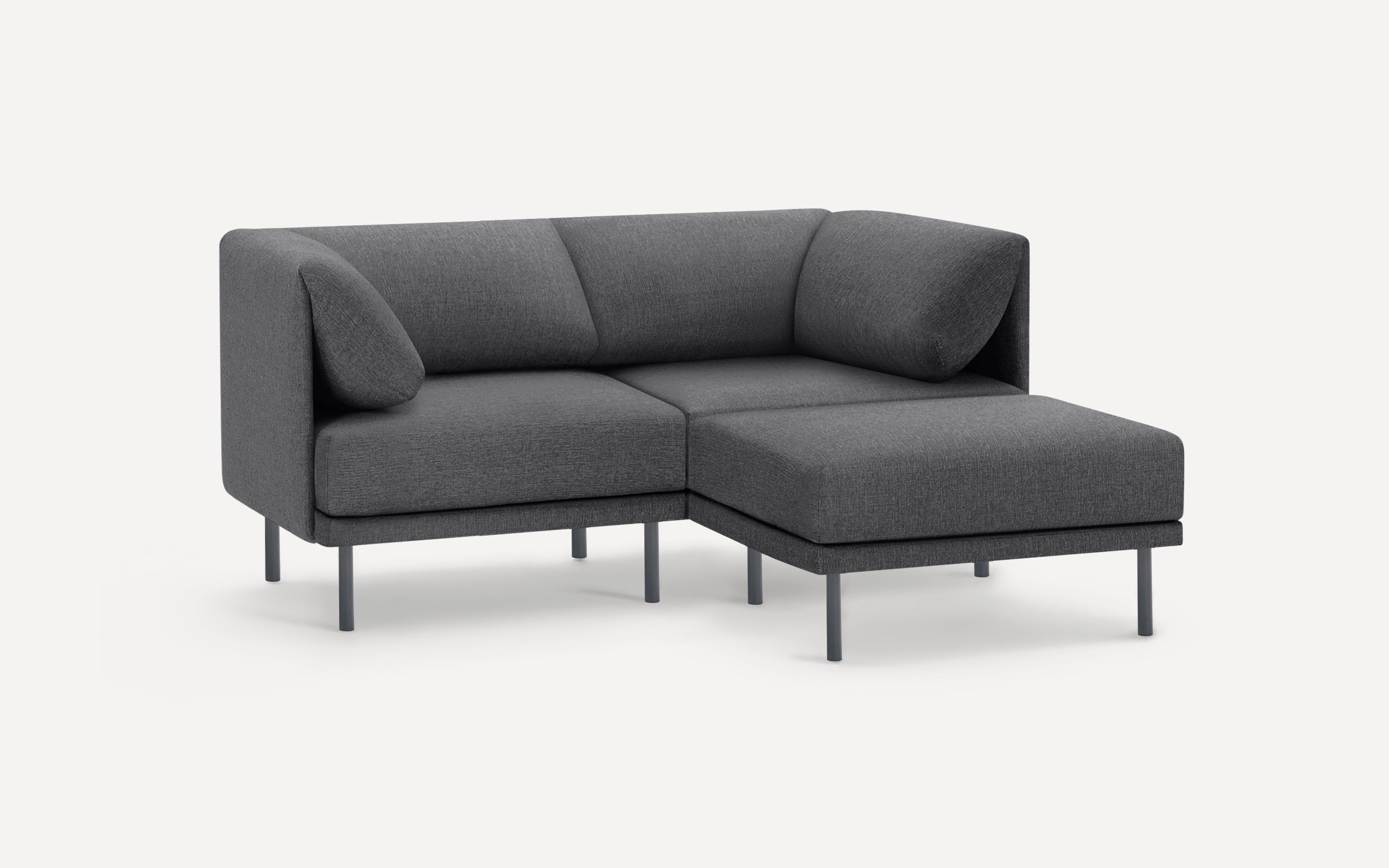 Modern dark gray fabric sectional sofa with metal legs, featuring a right chaise and cushioned backrests and armrests.