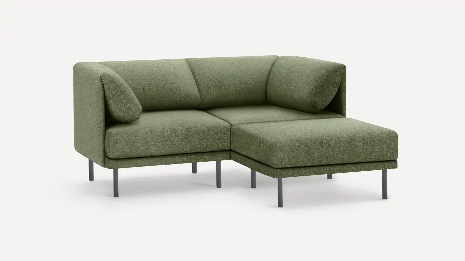 modern green fabric sectional sofa with chaise lounge and matching ottoman, right side view