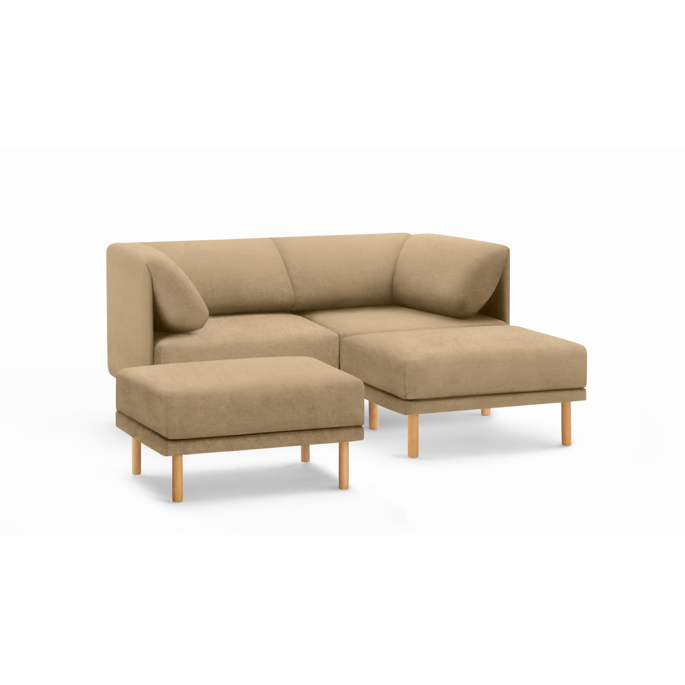 Beige modern sectional sofa with clean lines, wooden legs, cushioned back, and matching ottoman on a black background.
