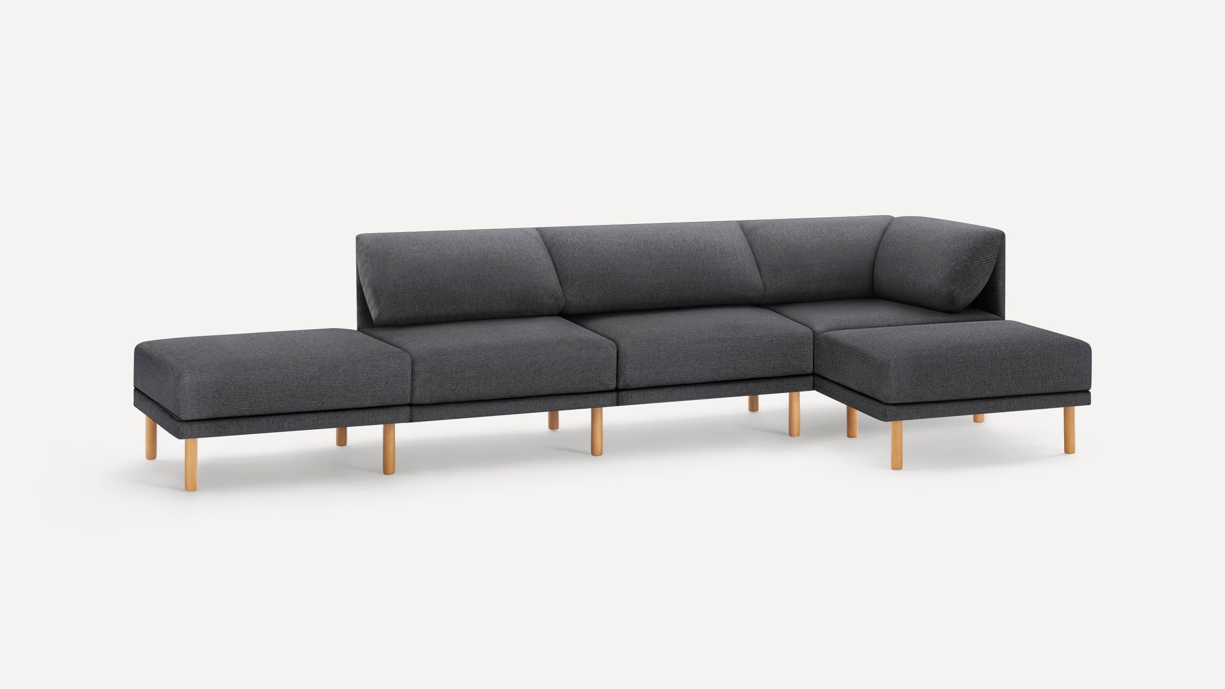 Modern dark gray fabric L-shaped sectional sofa with wooden legs, featuring clean lines and plush cushions for comfortable seating.